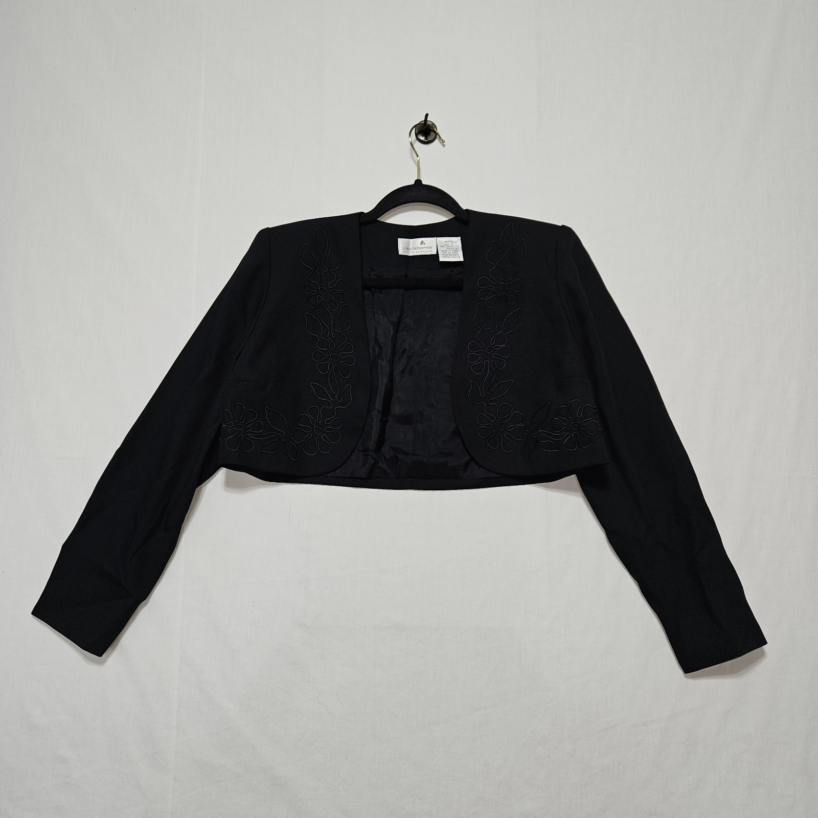 VTG Liz Claiborne 90s Cropped Blazer Jacket Black Embroidered Bolero Shrug 8P