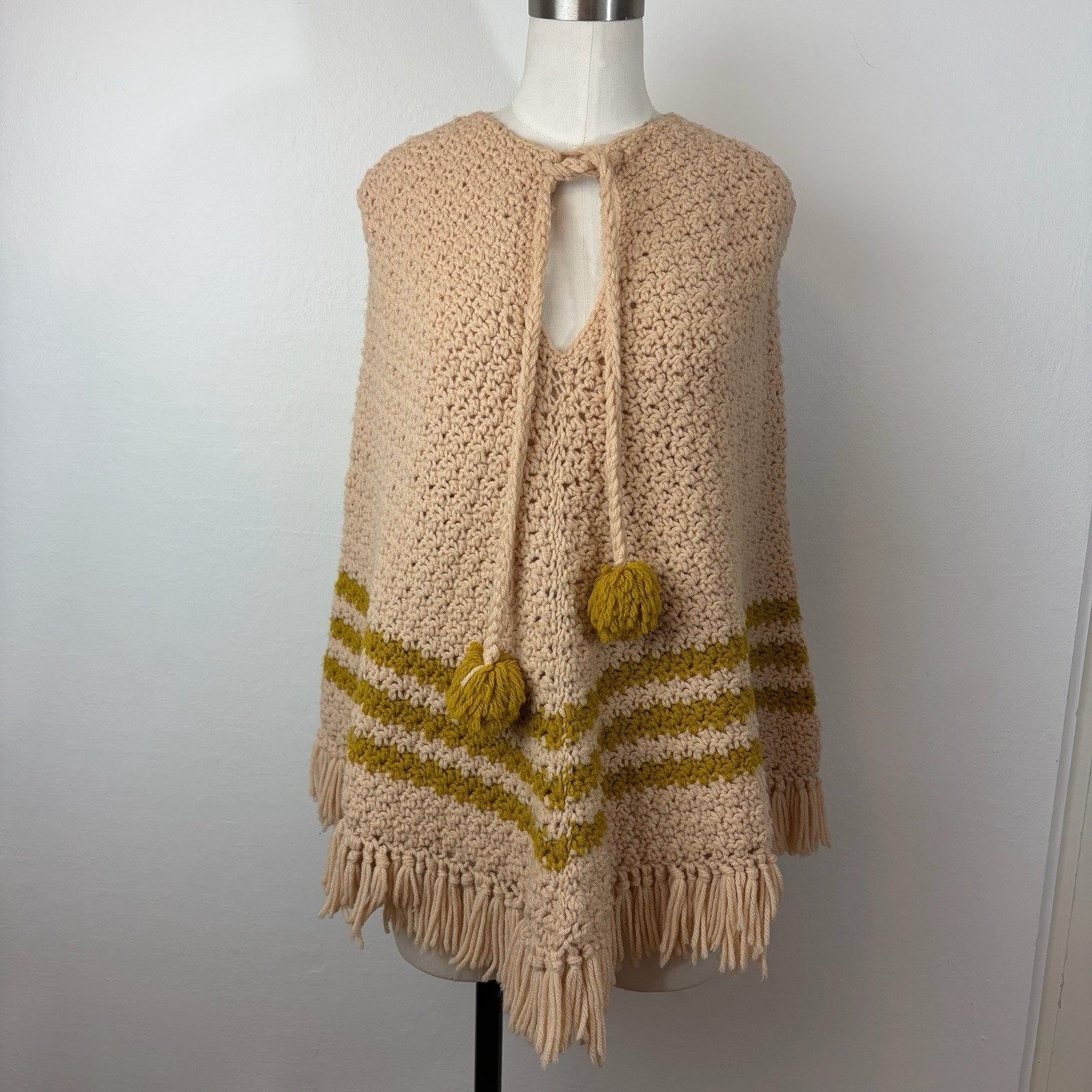 60’s 70’s Knit Crotchet Poncho Yellow Cream Fringe Boho Homemade Handmade