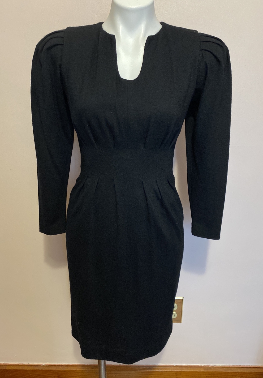 VTG 80s Fosha Long Puff Sleeve Wool Lined Pleated Waist Sheath Dress 4