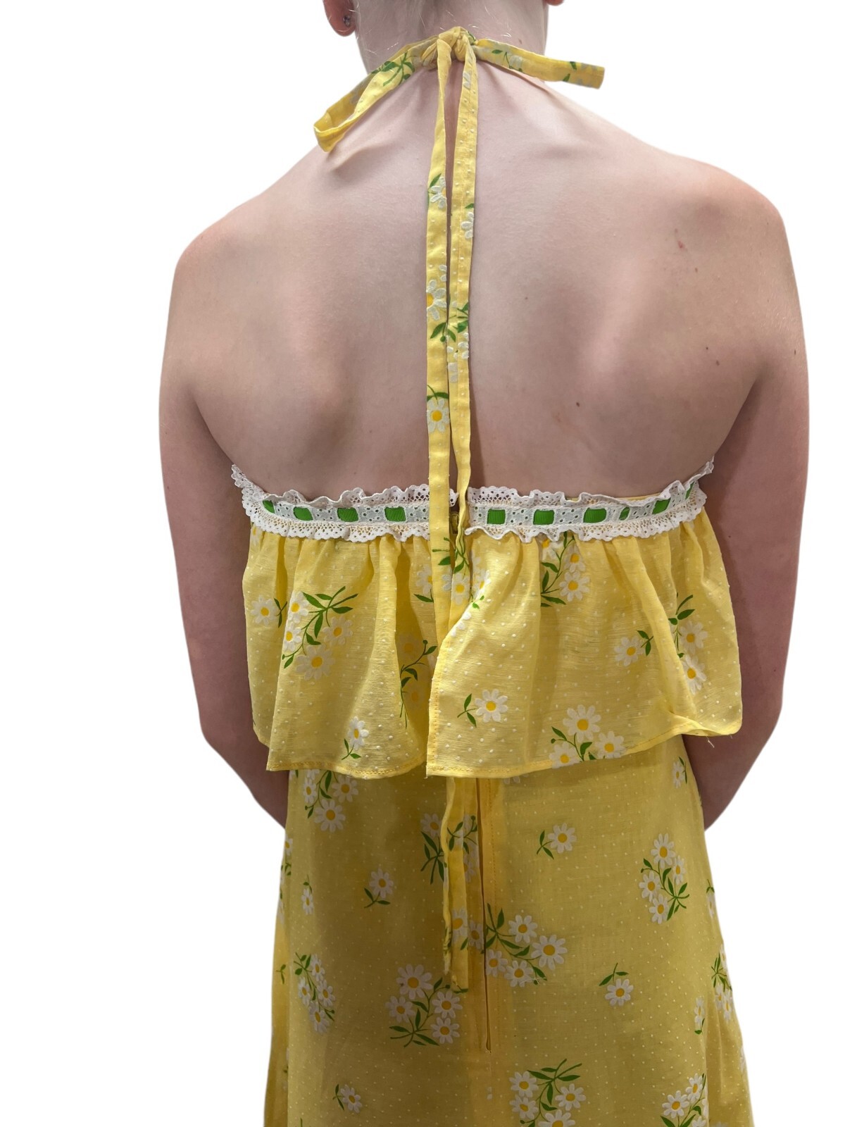 Sz XS Vtg 60s 70s Halter Maxi Dress Yellow Daisy Swiss Dot Festival Hippie Boho
