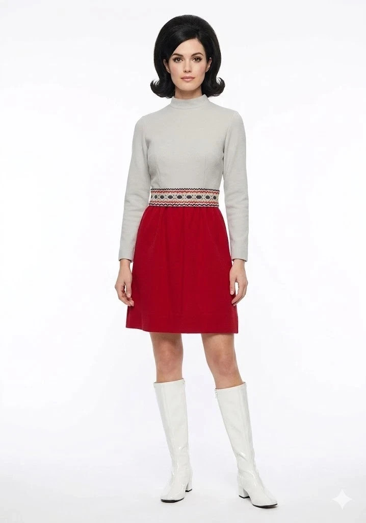 Lanz Vintage 60s Nancy Sinatra GoGo Mod Long Sleeve Mock Neck Belted Dress 13