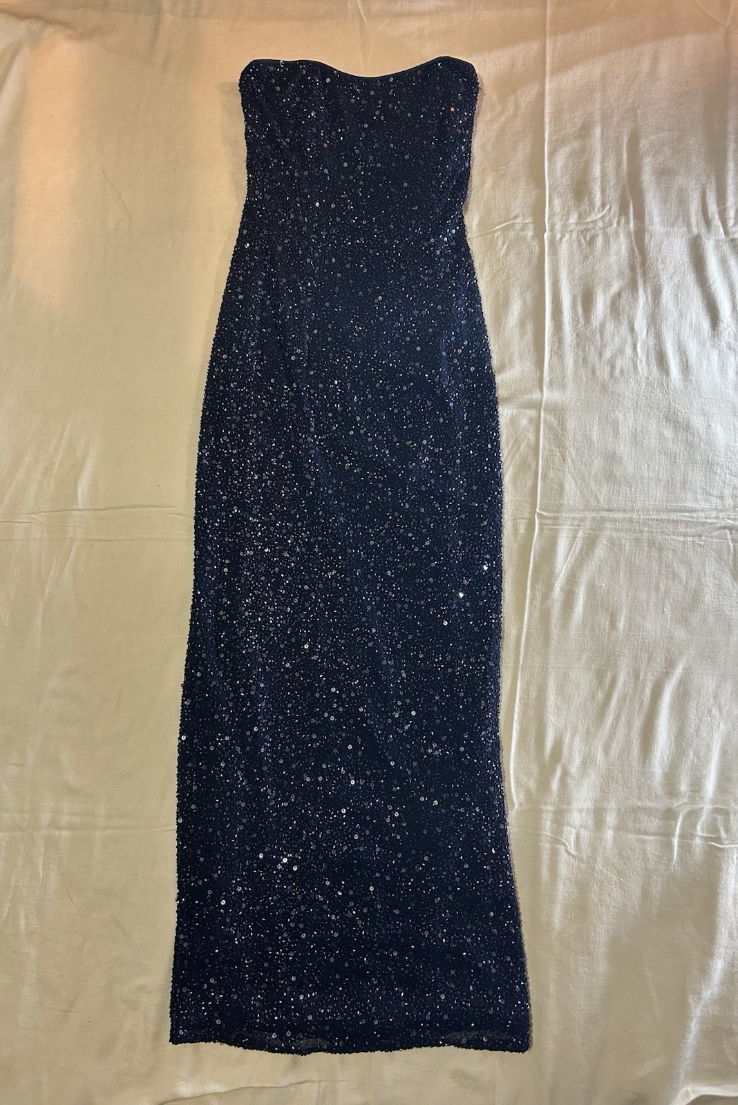 Vintage 90s Handbeaded Silk Maxi Gown Navy Strapless XS Panoply Goth Vampy