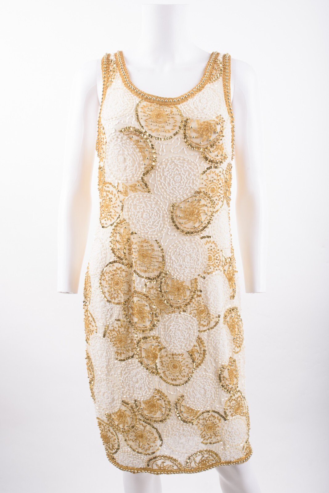 Vintage Interlude CA Womans Evening Shift Dress Size M Ivory Gold Beaded Silk