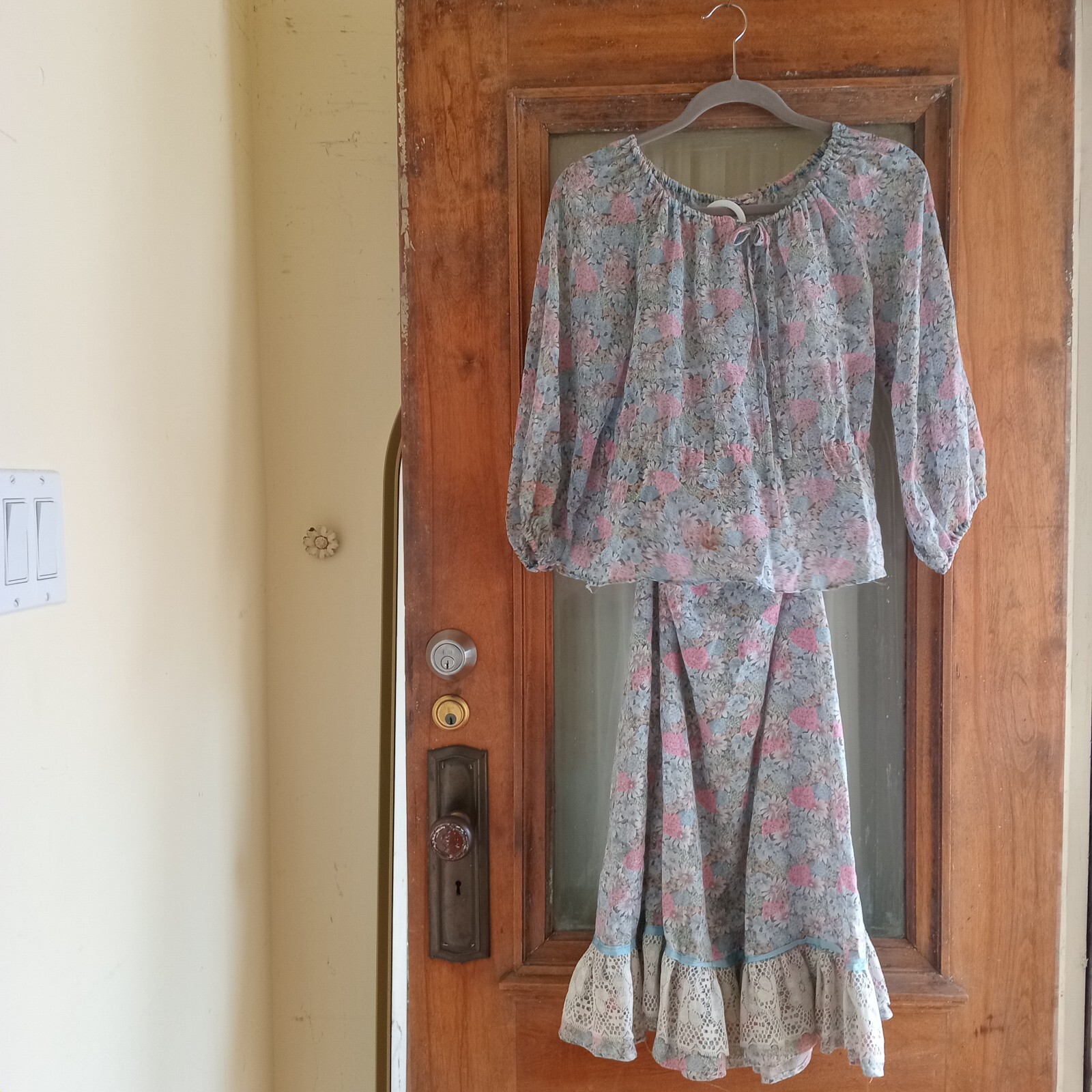 Vintage 70s Pastel Blue Floral 2 Piece Shirt Skirt Set S Hippie Boho Festival S