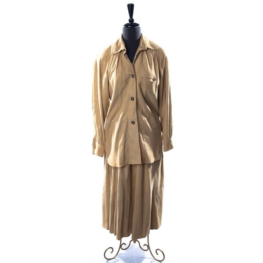 Siena New York Suit Suede Shirt & Skirt Tan 2 Piece Set Padded Shoulders Size M