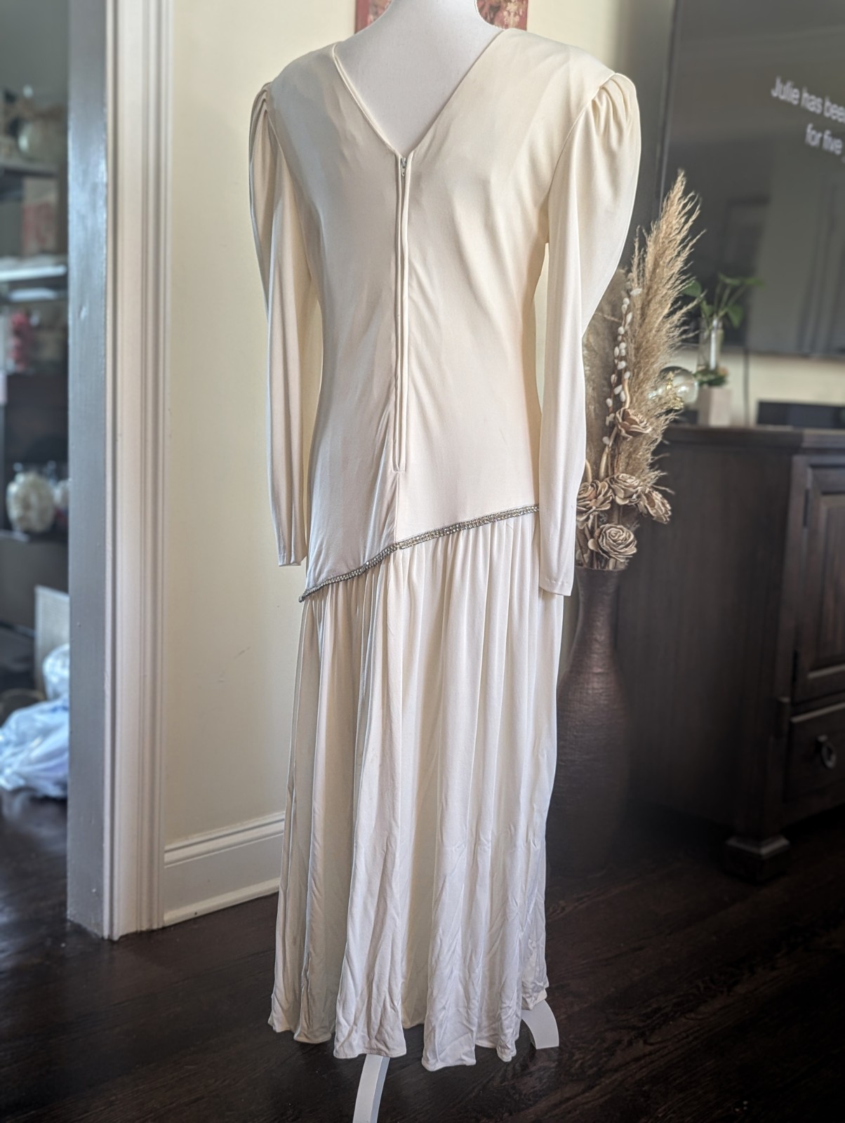 Mint VTG 1987 Pantagis Drop Waist Dress Cream Rhinestone Deadstock Era 11/12 USA