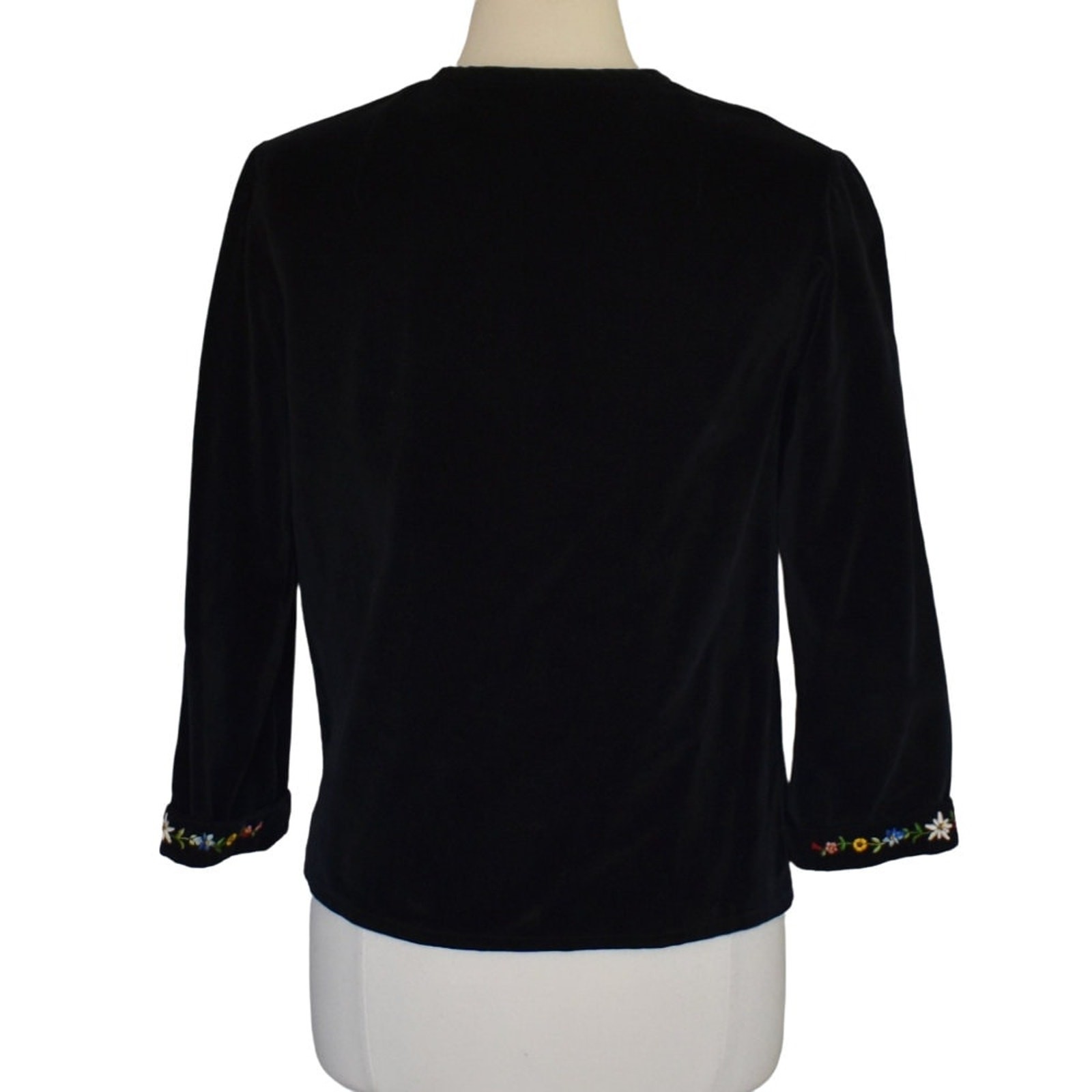 Vintage 70s Embroidered Black Velvet Blouse, Floral Embroidery, Boho, Size Small