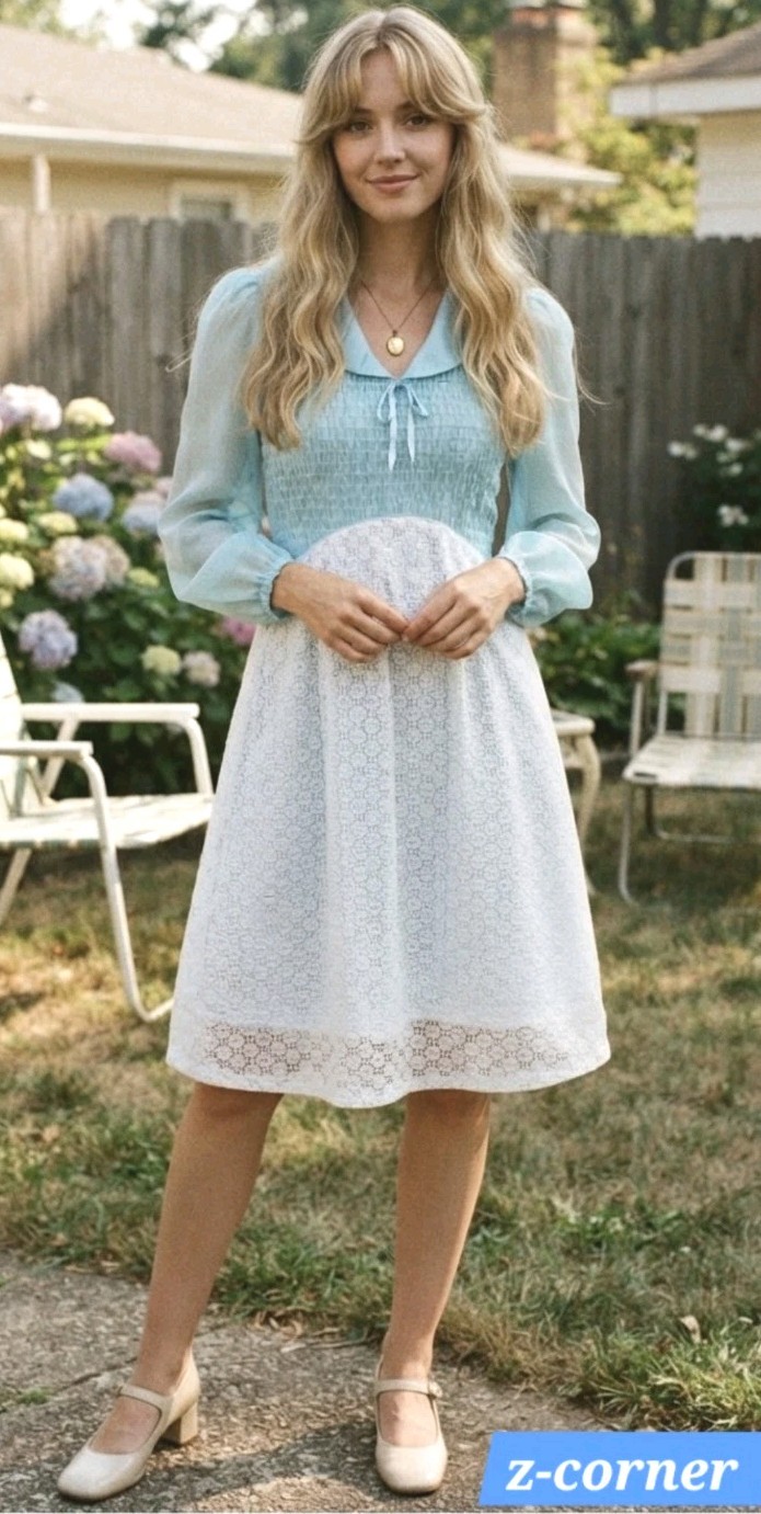 Vtg 70’s Candi Jones California Baby Blue White Eyelet Lace Prairie Dress! S