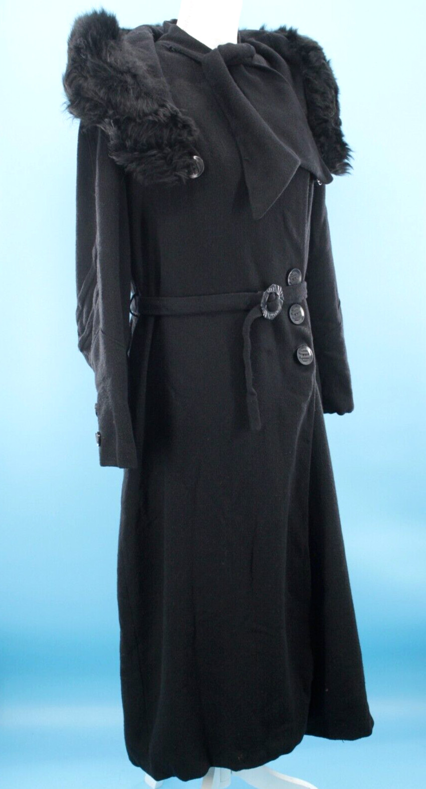 VTG Women’s 30s Black Wool Coat W/ Fur Collar & Belt & Scarf Detail Sz S/M 1930s