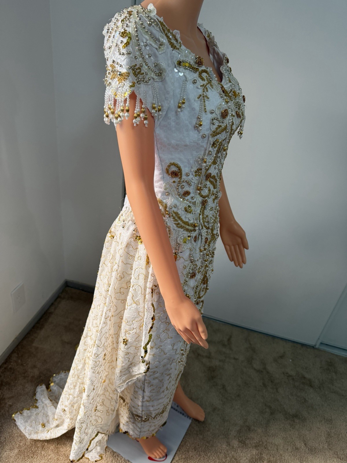 Vintage Ivory Gold Beaded Dress XS Formal Handmade Embellished Gow