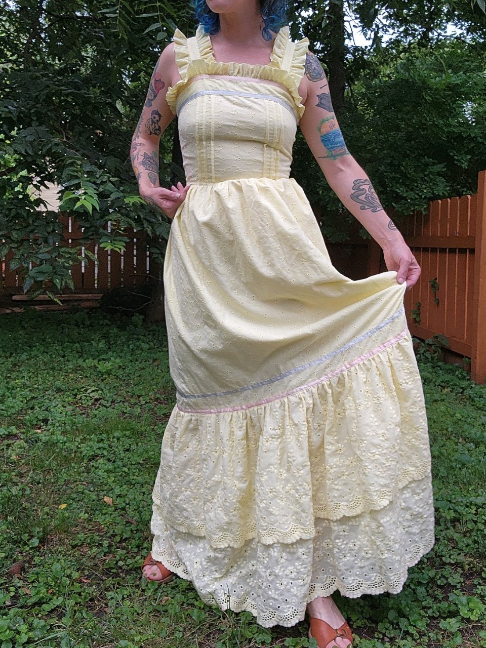 1970s Eyelet Cotton Maxi Dress SM XS Cottage Core Butter Yellow Vintage
