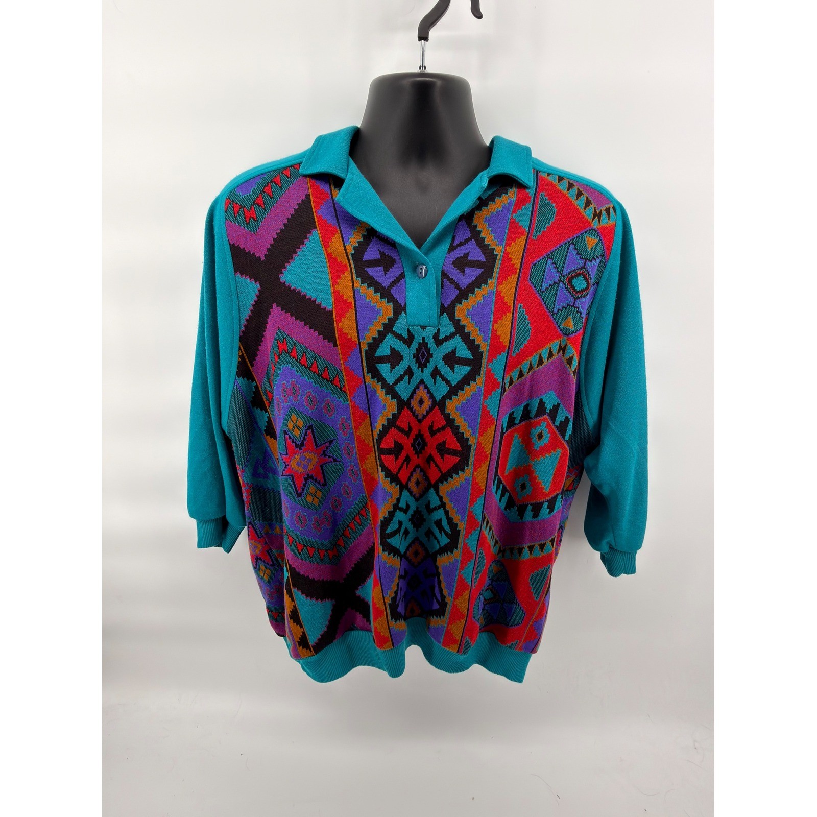 Lady Graff Vintage 90s Aztec Southwestern Sweater Polo Shirt 2X Plus Size USA