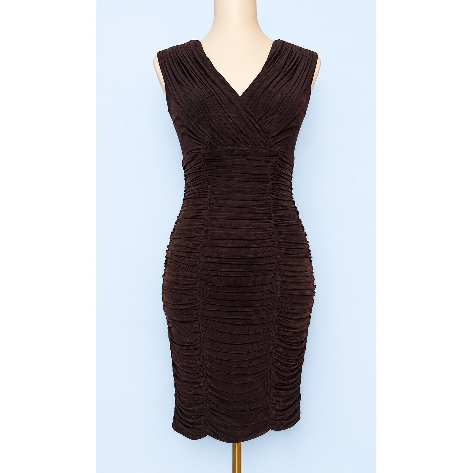 Vintage 90’s Tadashi Women’s Brown Ruched Bodycon Dress V-Neck Cocktail SizeXS