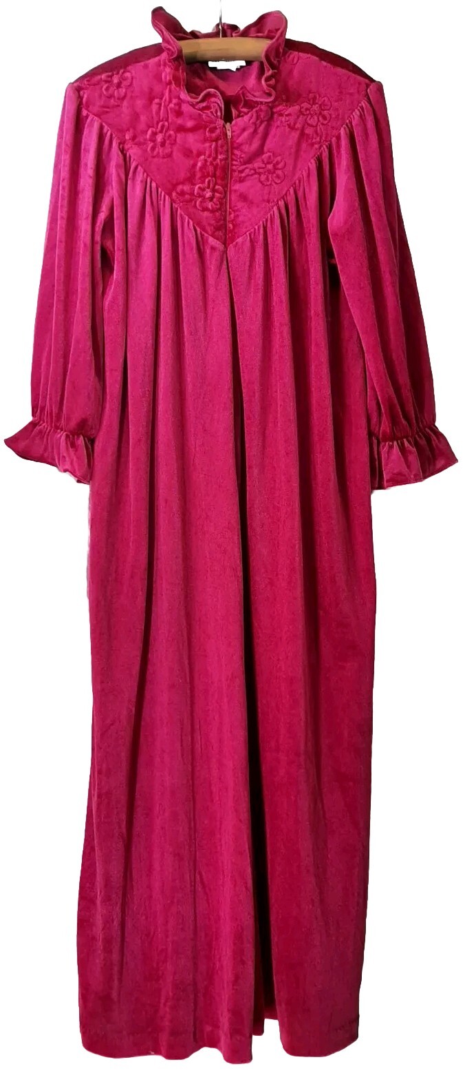 VTG Plaza 9 SzS Velour Robe Long Nightgown Floral Granny CottageCore Fusica Pink