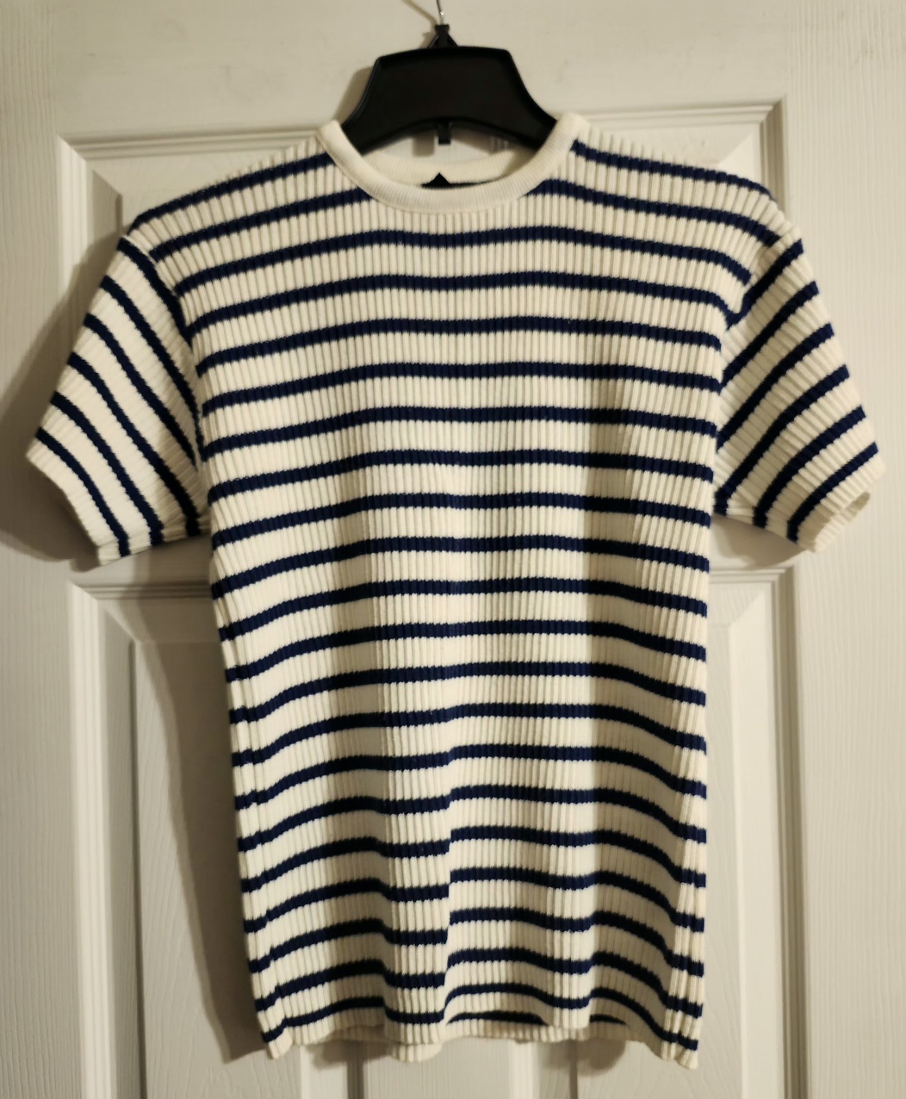 Vintage Lizsprort 100% Cotton L Ribbed Knit Navy Stripe Short Sleeve Top…