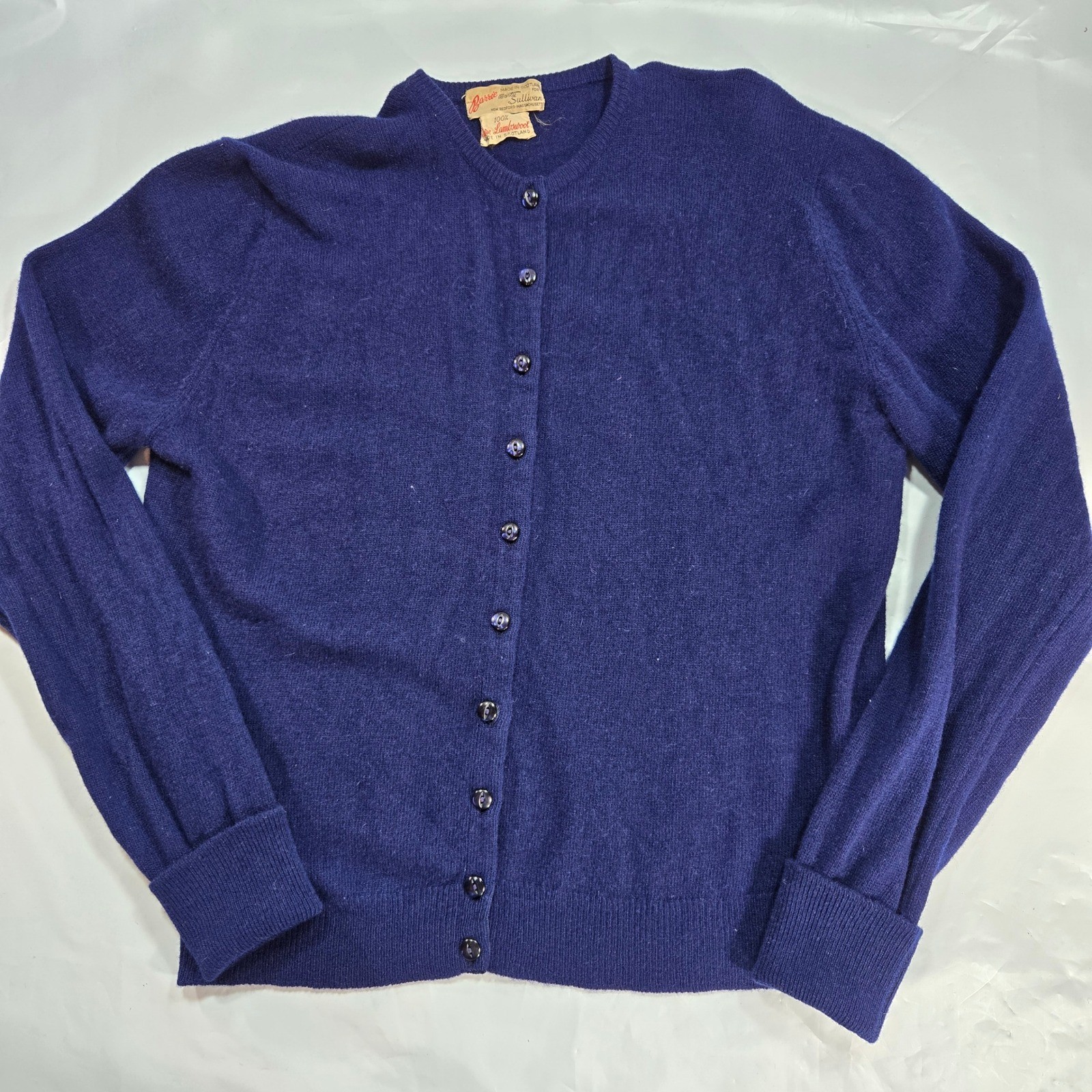 Vtg Barrie for Marty Sullivan Navy Blue 100% Lambswool Cardigan Made in Scotland