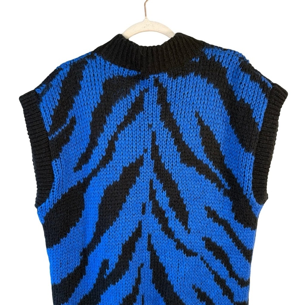 Blue and Black Handknit Zebra Cardigan Sweater Size L XL Y2K Chunky Oversized