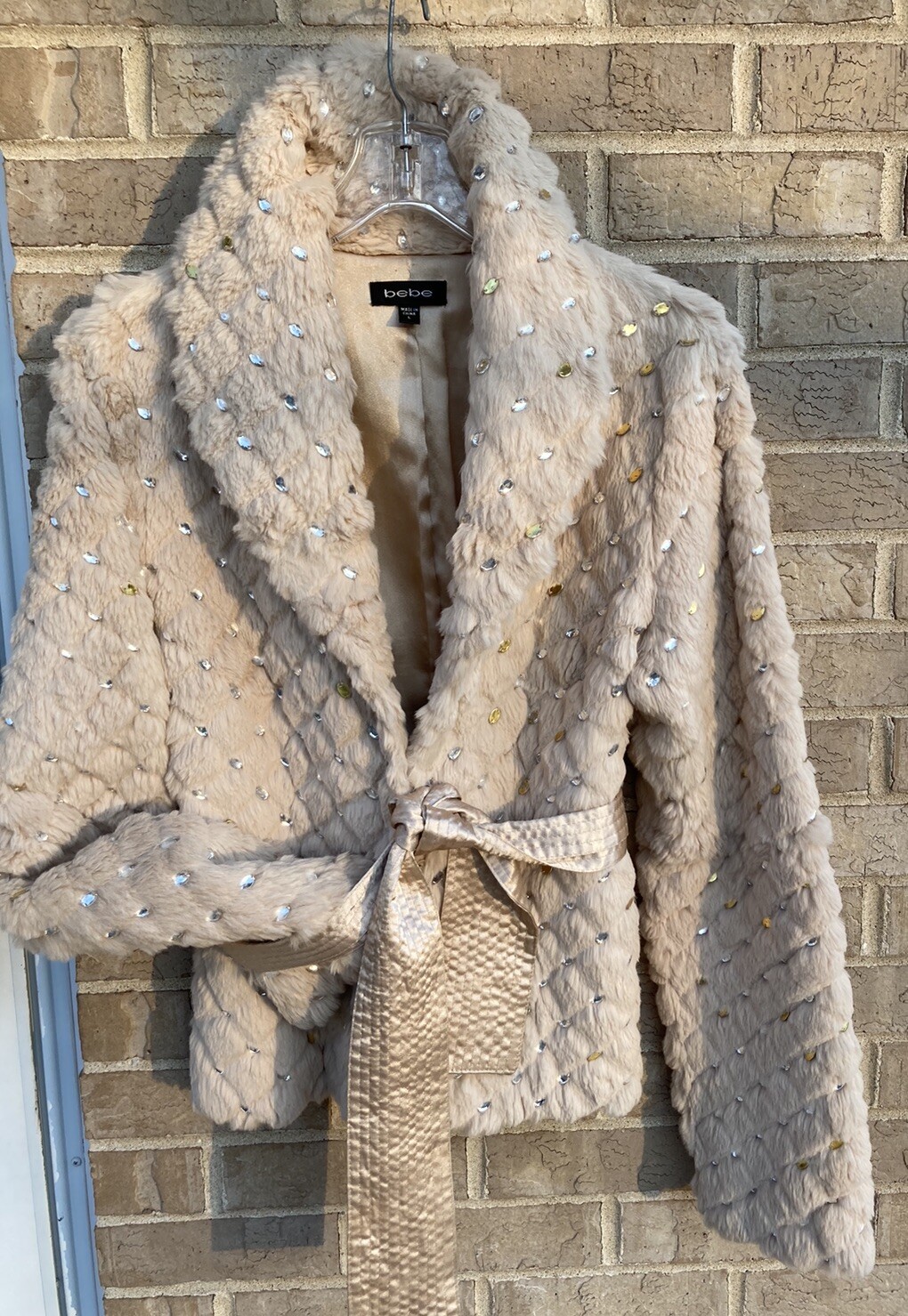 Vtg Rare Y2K 100% Dyed Rabbit Fur Jacket Fitted W/ Gold & Silver Sequins