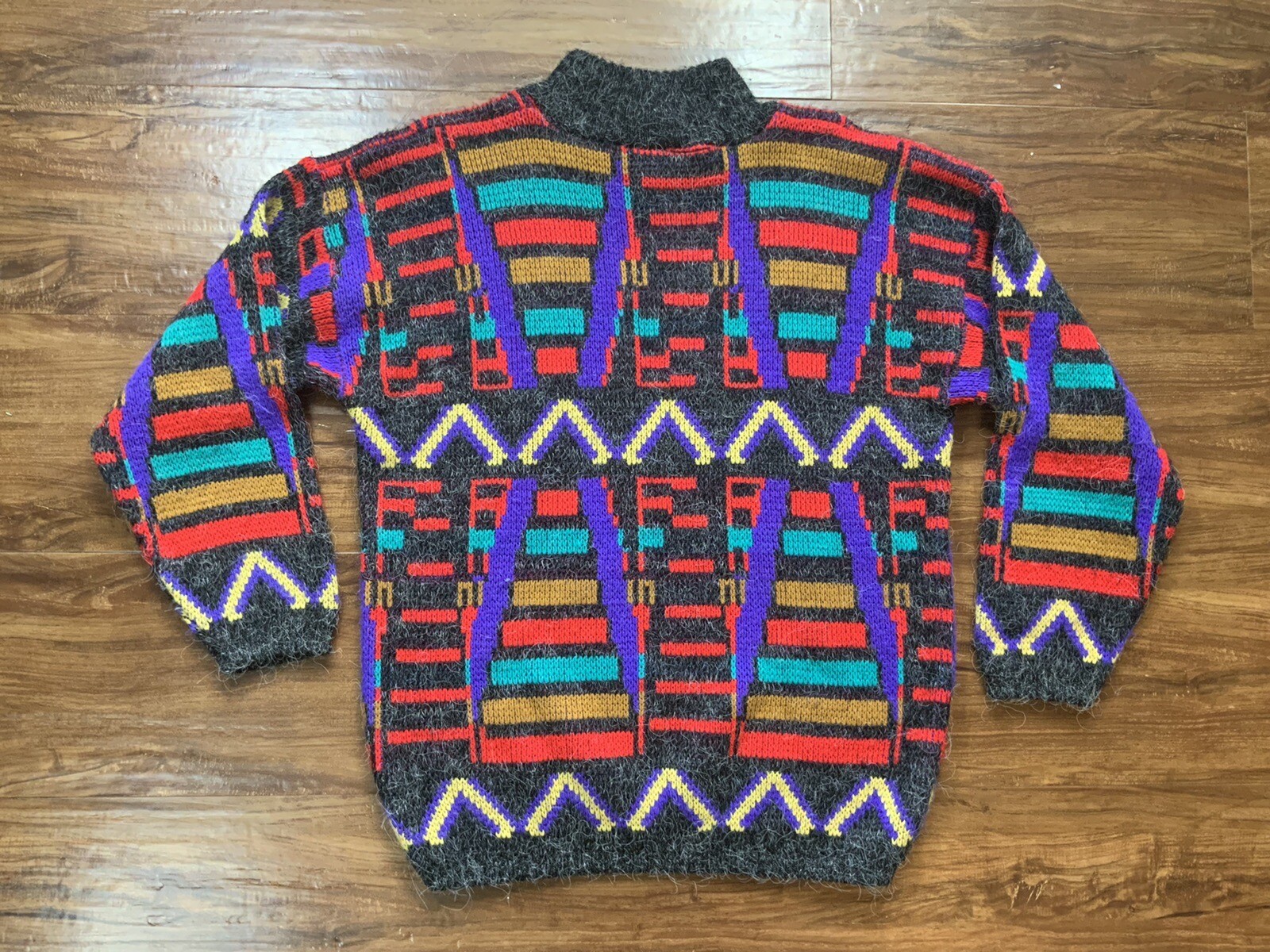 VTG Croquet Club Abstract Sweater 80s Geometric Rainbow 90s Womens Large Retro