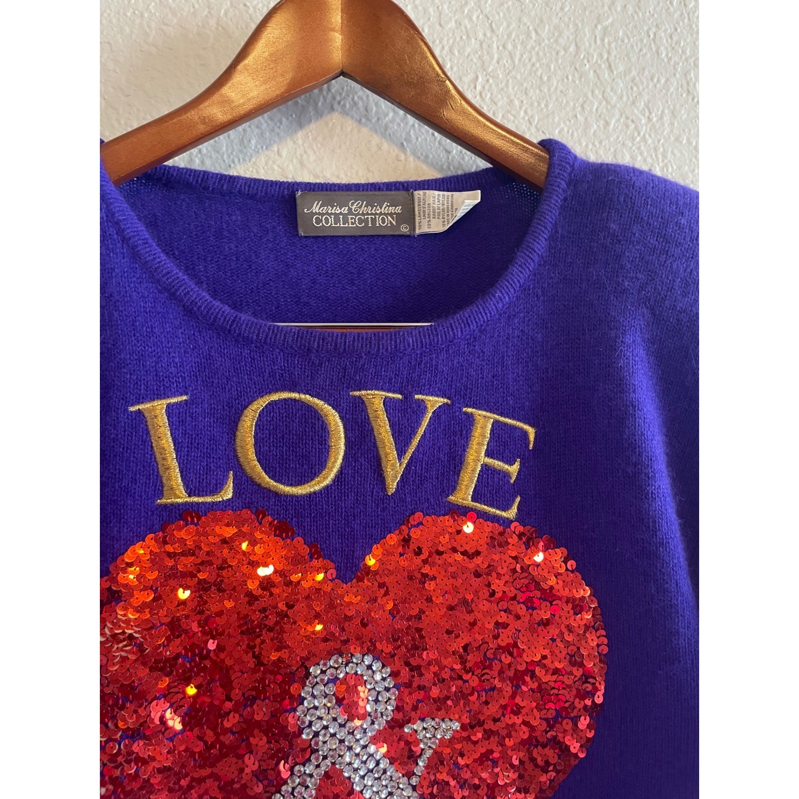 Marisa Christina Purple Angora Wool Sequin Heart Love & Diamonds Sweater Size M