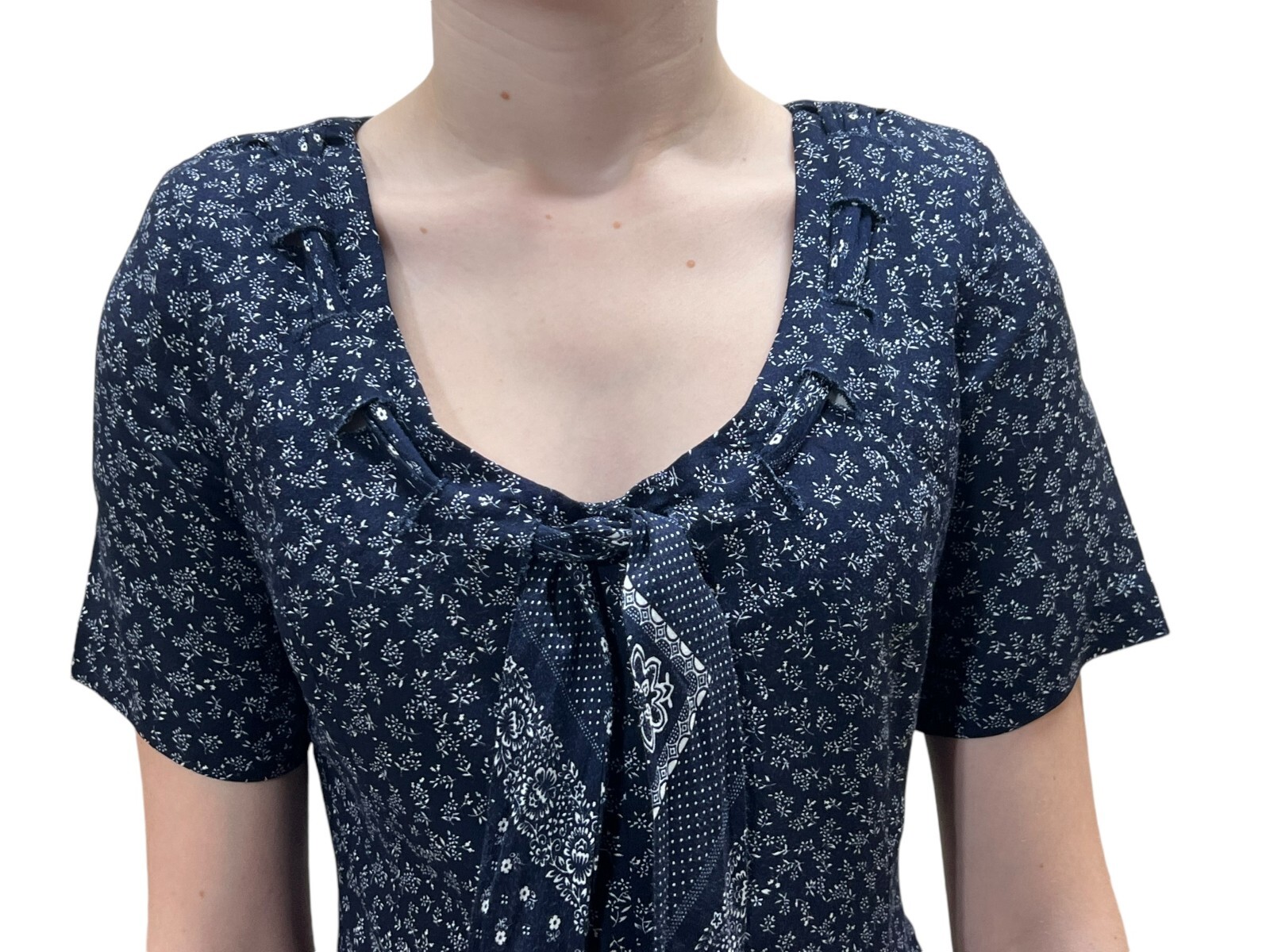 BANDANA NECK TIE Vtg 80s M Jumpsuit Blue Rayon Palazzo Pants Jumper EXPO USA