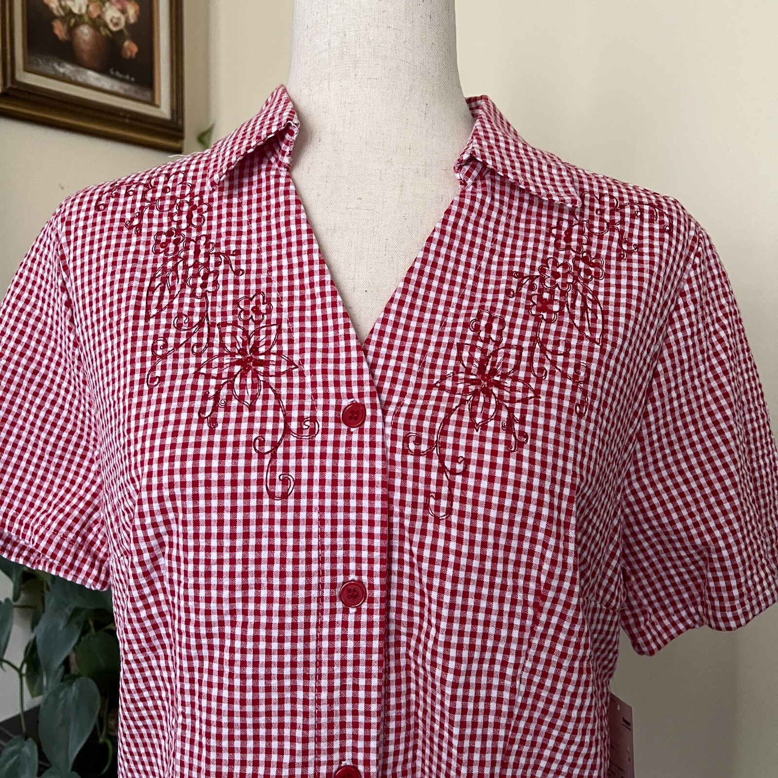 Classic Elements Vintage Red Seersucker Gingham Button Down Top sz M Deadstock