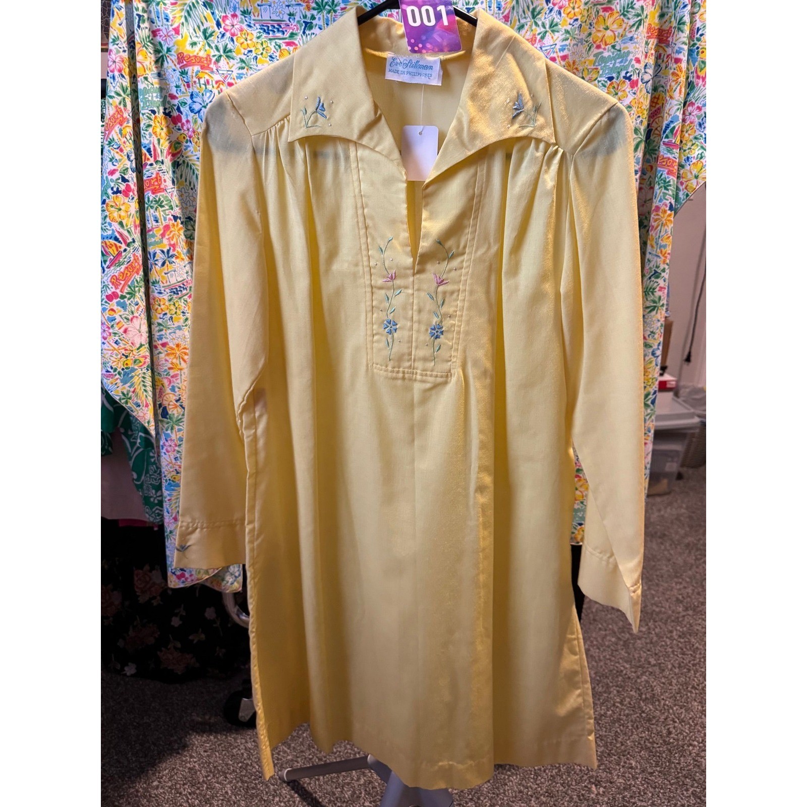 001 Vintage Eve Stillman Yellow Floral Embroidered Tunic Dress Nightgown