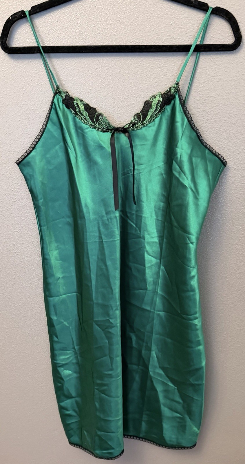 Vintage 90s Undercover Wear Emerald Satin Lace Slip Lingerie Size Large USA