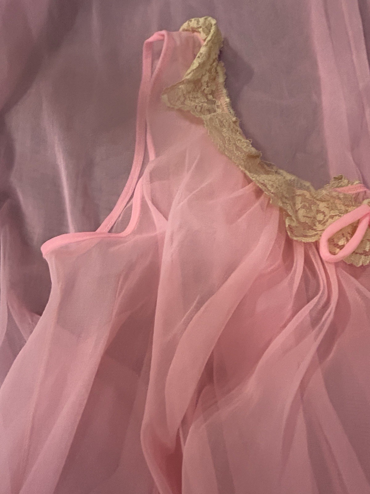 Vintage Jenelle Of California Peignoir Chiffon Nightgown Robe Set Bright Pink