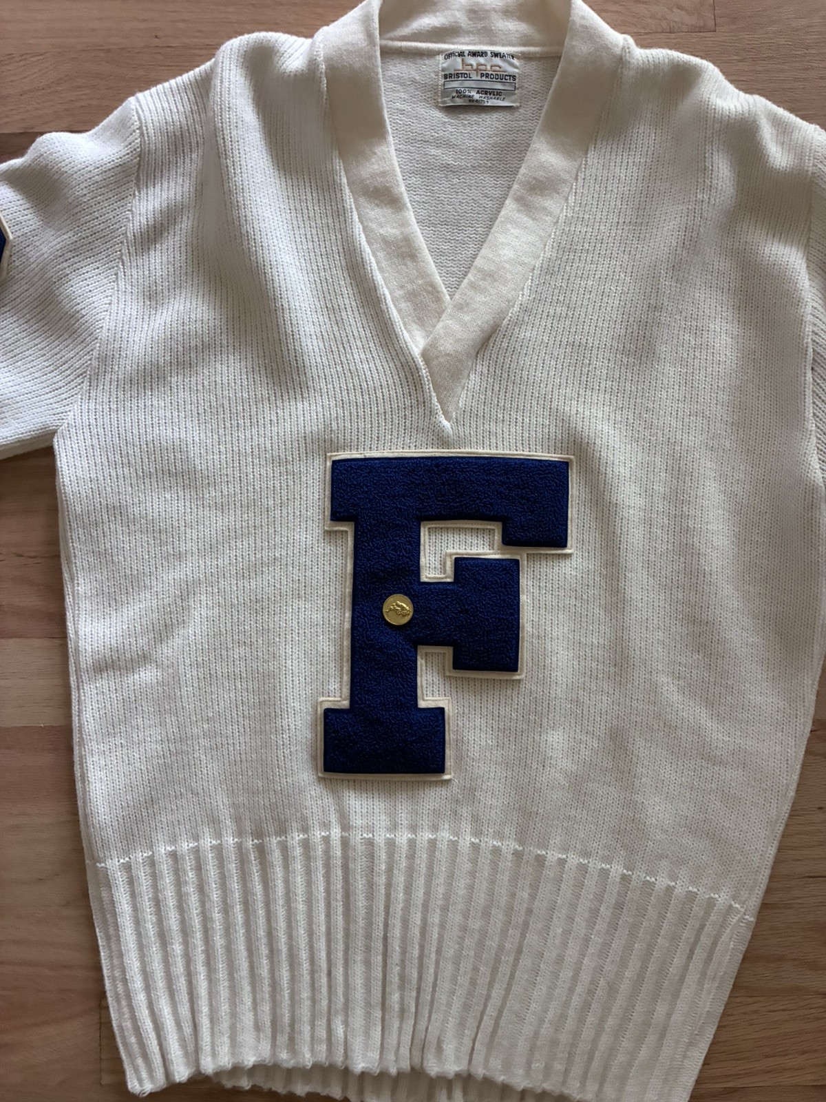 True VINTAGE 1970 Letter Sweater VARSITY White No Size Tag Franklin HS 1979