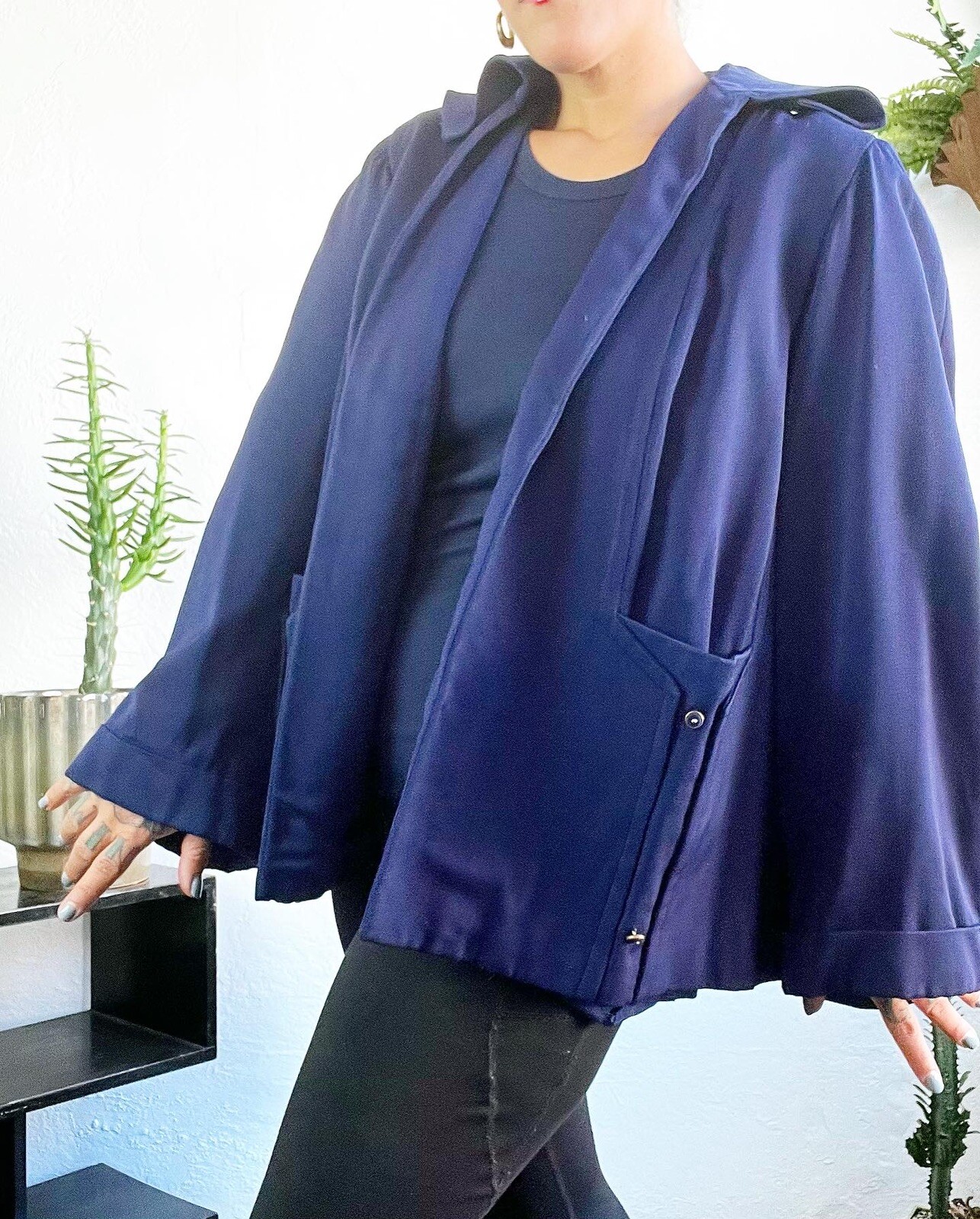 PLUS SIZE Navy Blue Wool GABARDINE 1940’s 40s Vintage Pleated Swing Jacket L Xl