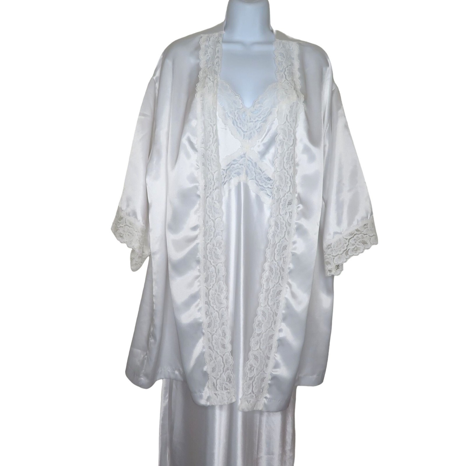 Vintage White Lace Satin Slip Nightgown Robe Peignoir Set Wedding Honeymoon