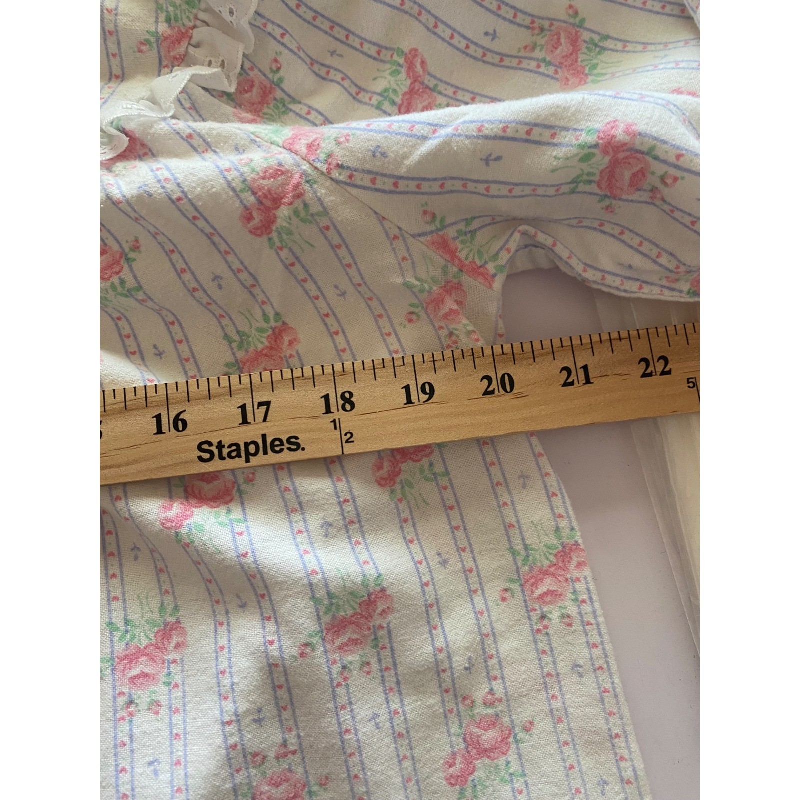 Vintage Accentuette Lanz Inc Floral Stripe Nightgown Pink Blue Eyelet Lace USA