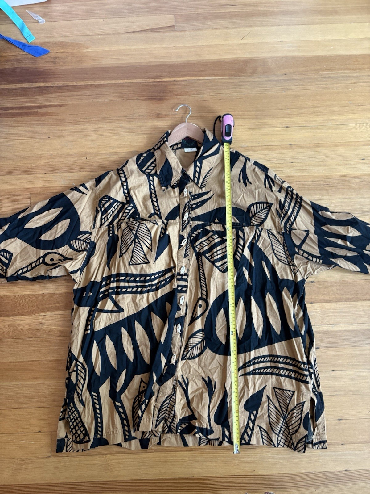 Vintage Plus Size Printed Cotton Tunic with Black Fish Leaf Pattern Size 1X-2X