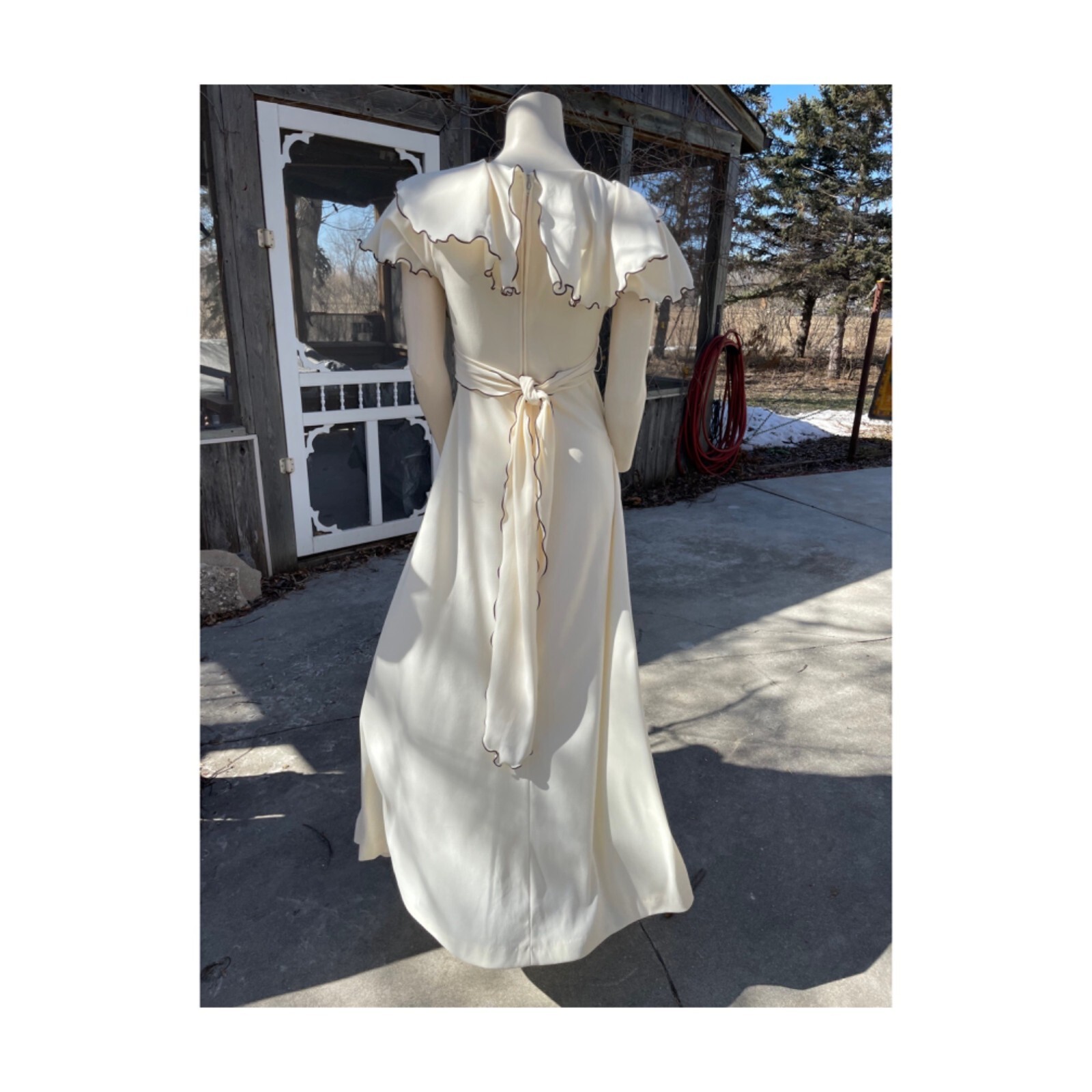 70s Ivory Maxi Dress Brown Ruffle Trim V Neck Cap Sleeve Wide Collar Wide Sash