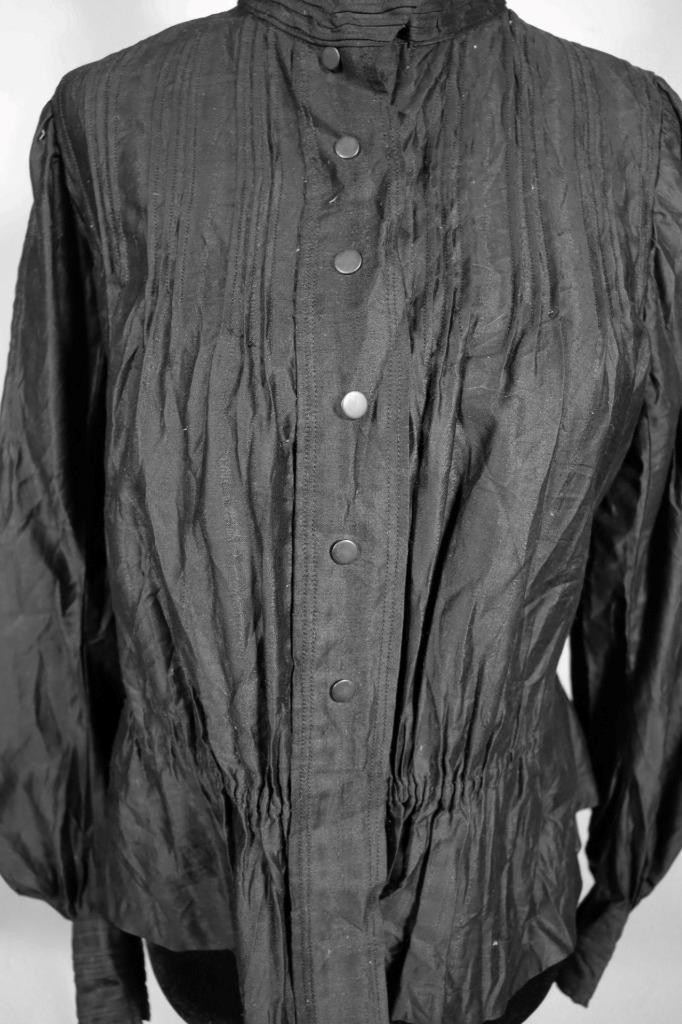 Antique Edwardian French Black Polished Cotton Pleated Blouse Size Small