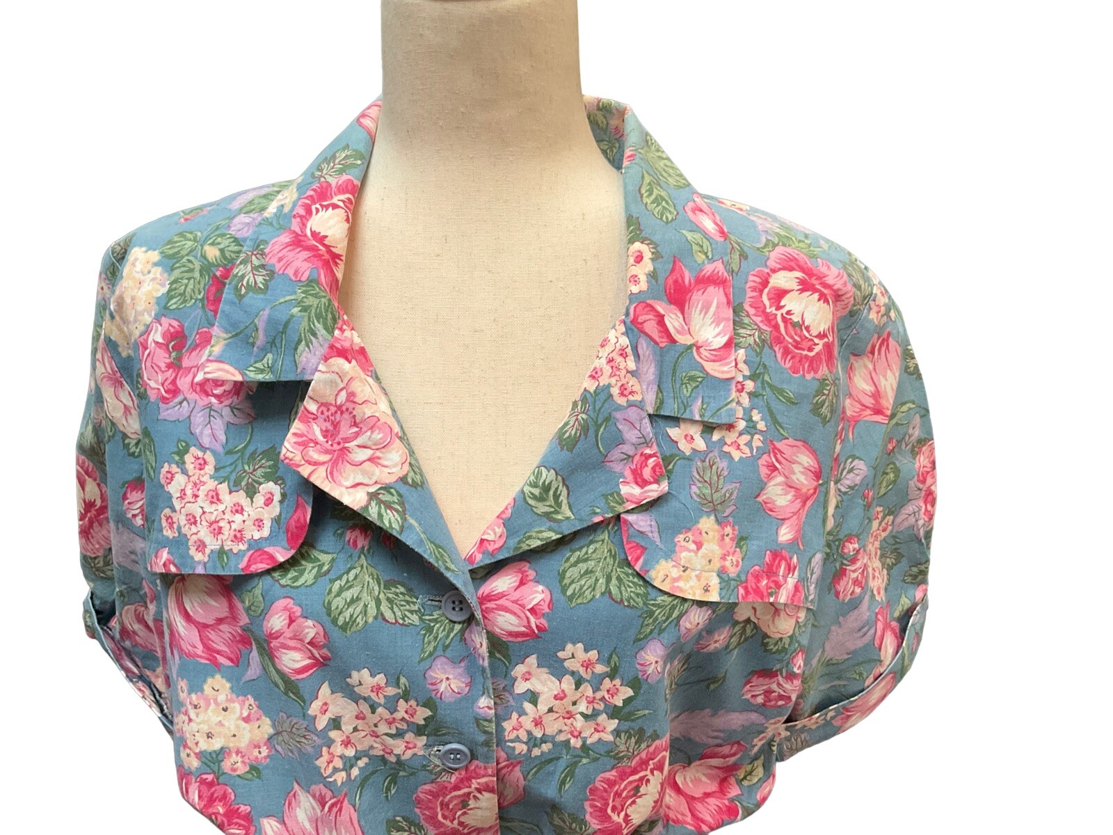 Vintage 1980s Dress MGM Cotton Midi Secretary Floral Blue Pink Sz 14 Belt Pocket