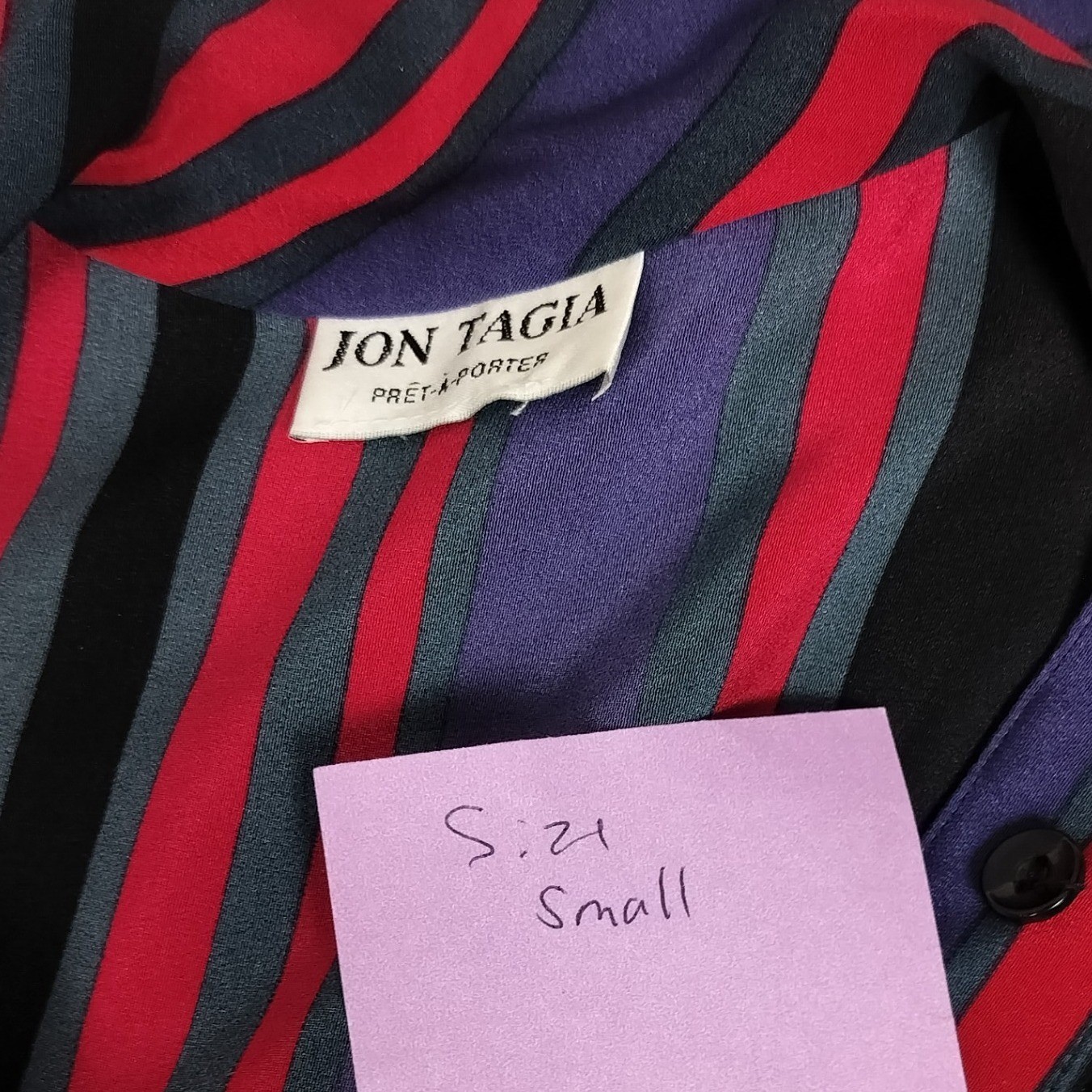 Vintage Jon Tagia Striped Button Down Blouse Red Purple Black Small