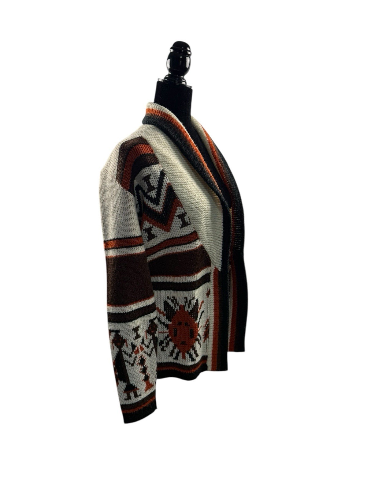 VTG Cardigan Sweater Aztec Knit Open Front Shawl Collar Earth Tones Sz S No Belt