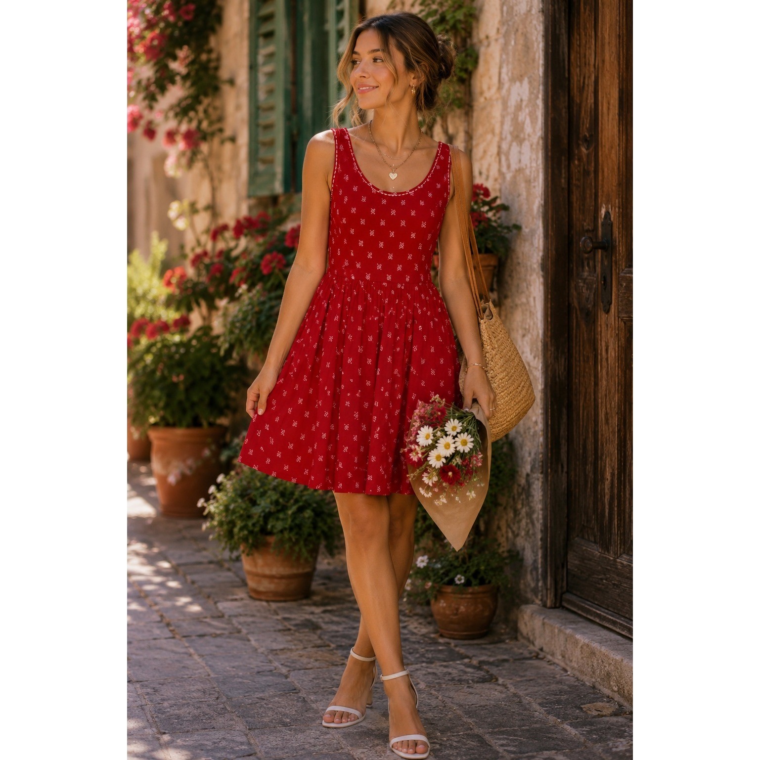 German Dirndl Inspired Dress Size 40 Red Floral Cotton Alpine Cottagecore