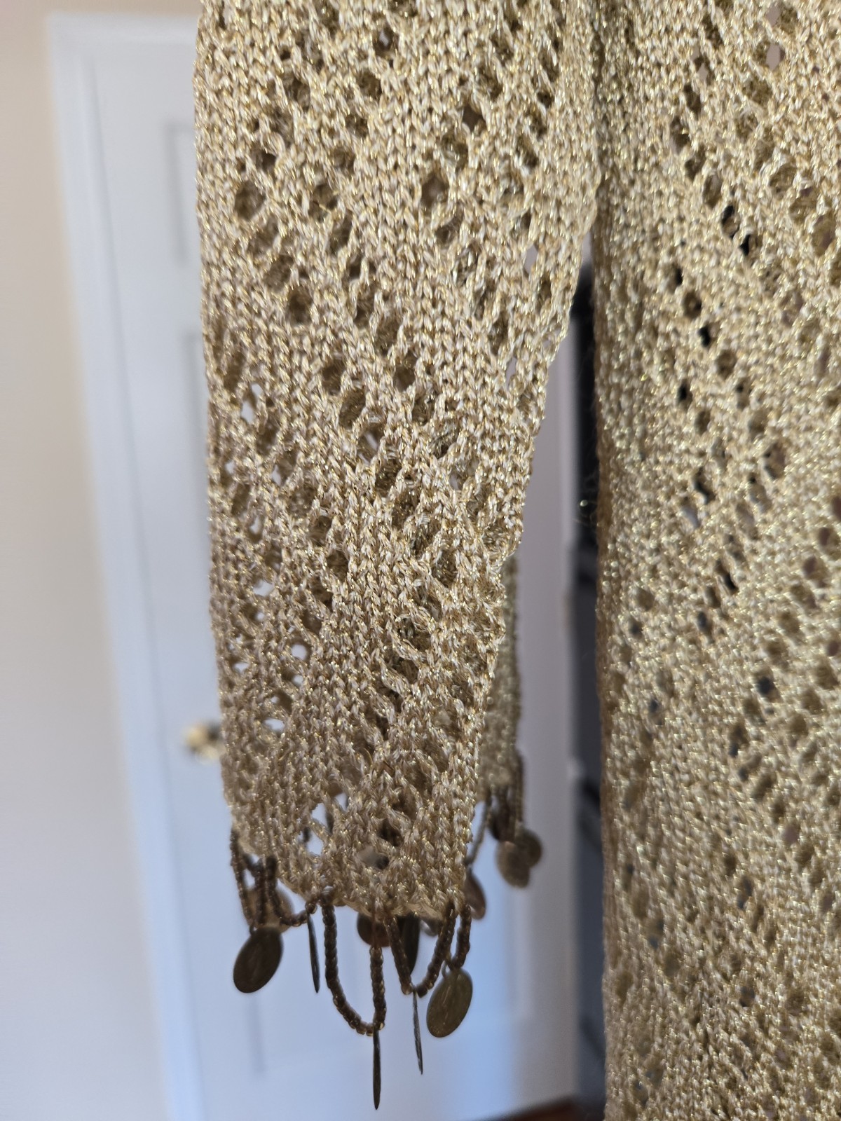 1960s GOLD LAME CROCHETED VNECKED DRESS Size S WITH COIN EMBELLISHMENTS VINTAGE