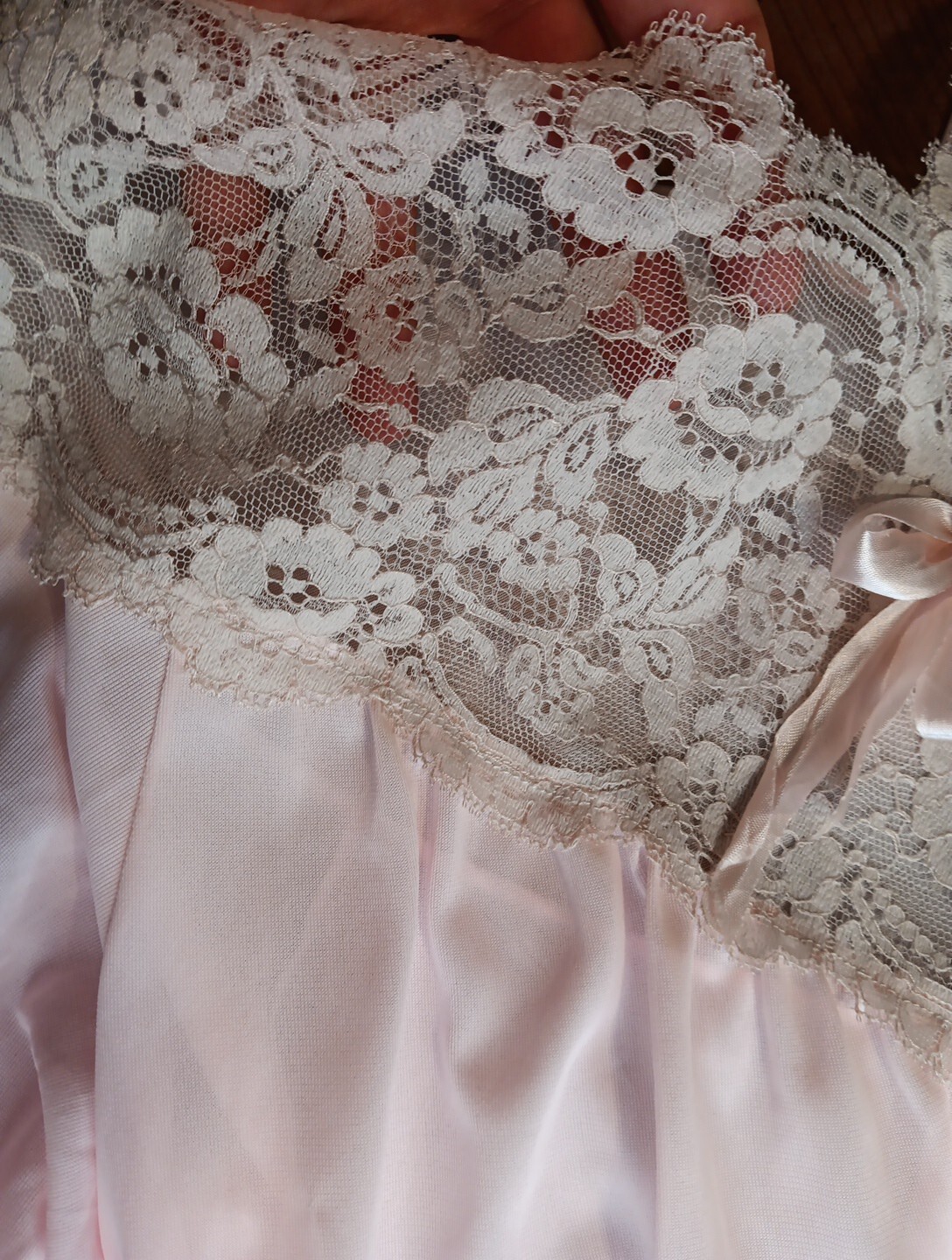 Vtg Sears Womens M 42-44 Pink Sheer Long Nightgown Nylon Lace Front 3/4 Sleeve
