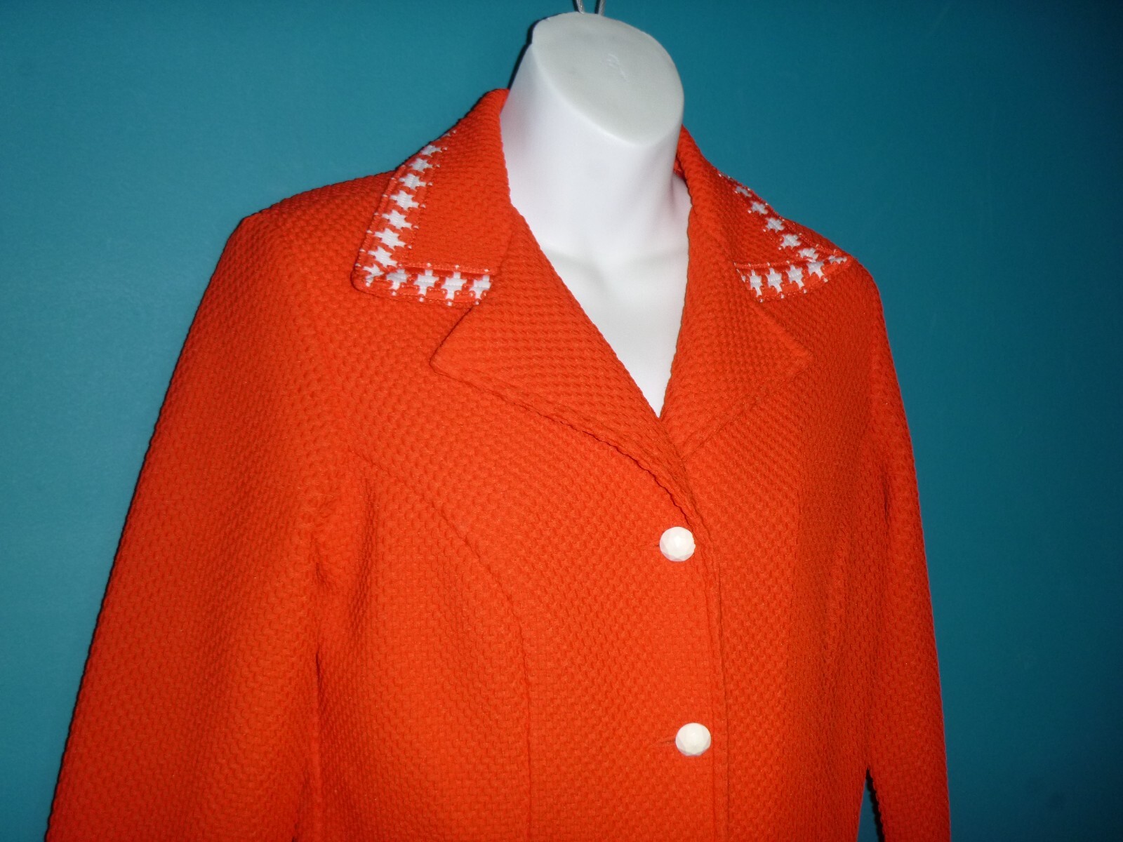 Vtg 70s Koret Red Textured Poly Blazer Jacket Red & White Trim Sz S/M