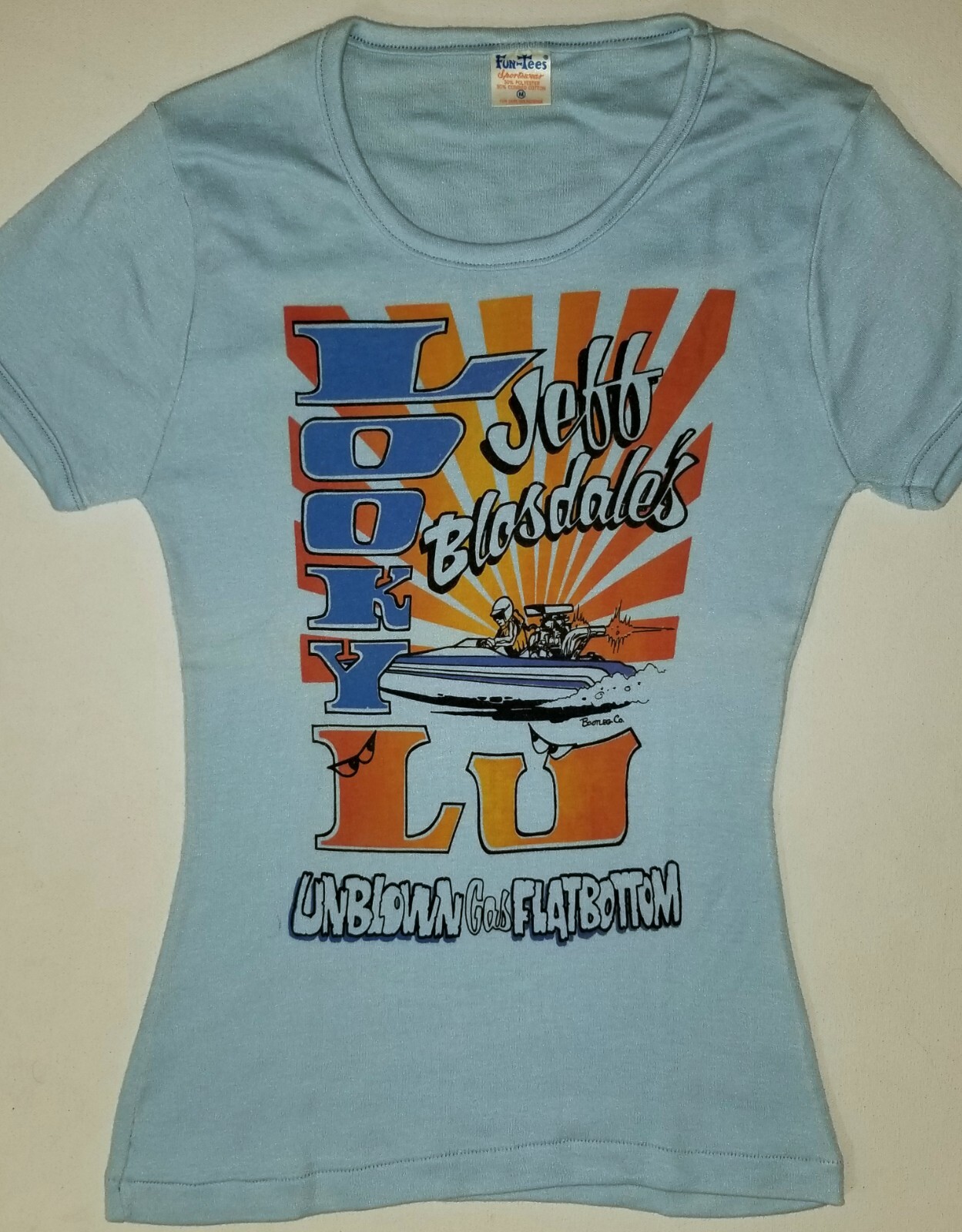 VTG 1980s DRAG BOAT RACING FUN TEES T-SHIRT V NECK WOMAN MEDIUM M TOP BLUE JET