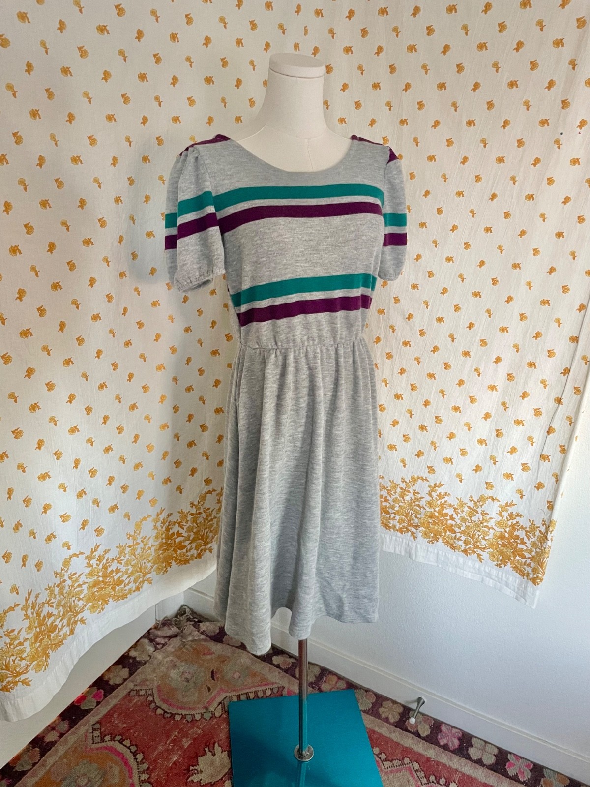 Vintage ILGWU 70s 80s Gray Striped Knit Dress Puff Sleeve Low Back Stretch Waist