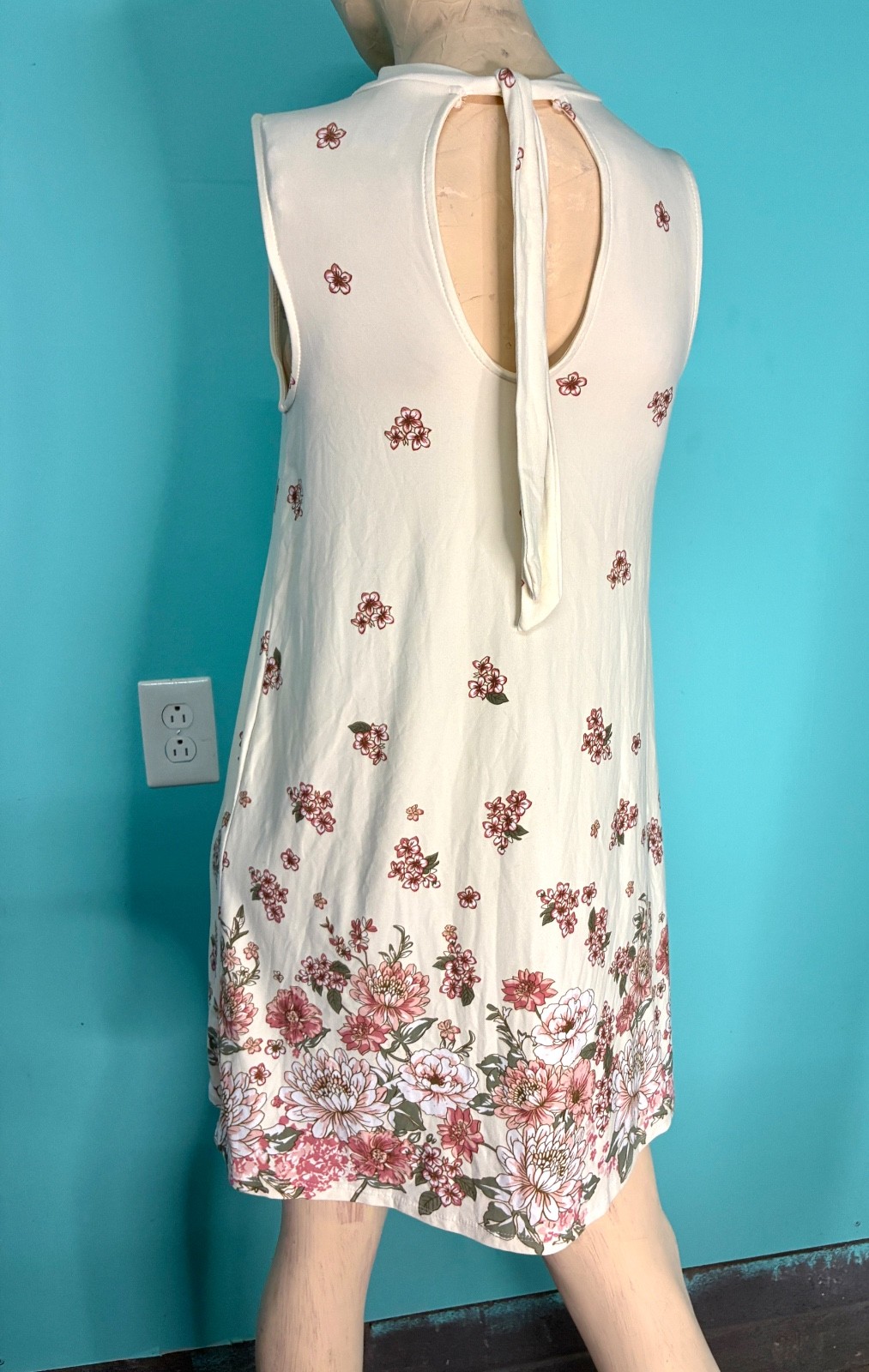 VTG Y2K Ivory White Mauve Pink Floral Print Knit Sleeveless Baby Doll Sundress~M