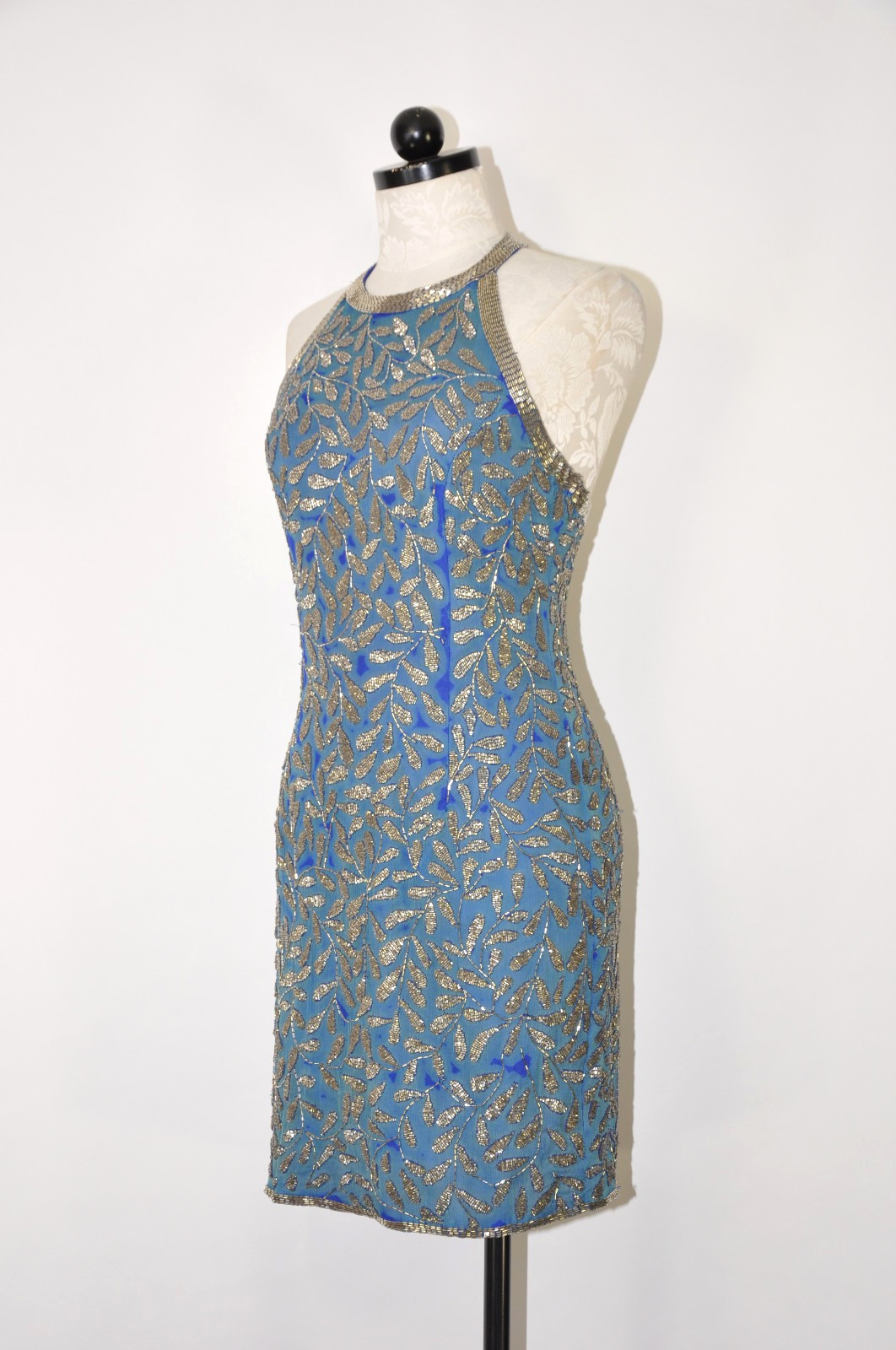 80s Vintage Blue Silk Silver Beaded Jeweled Leaves Backless Halter Mini Dress S