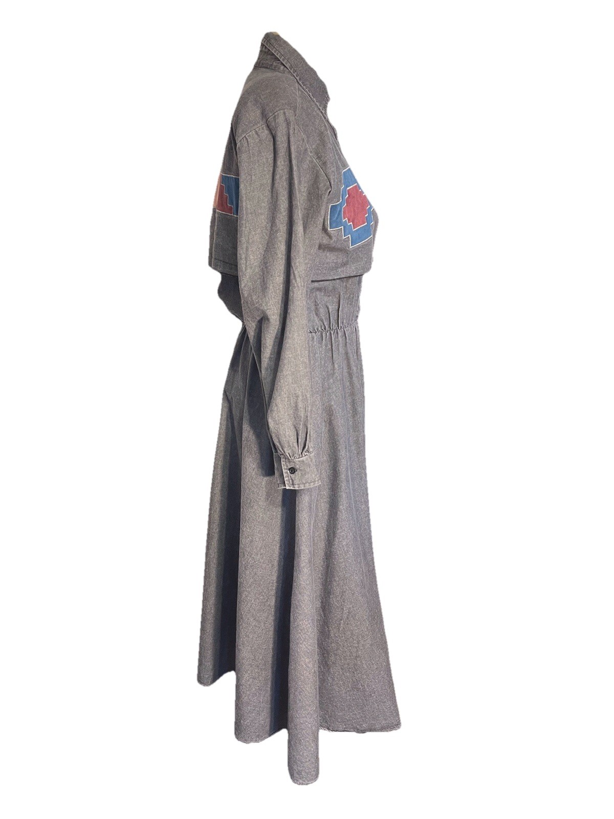 80’s Western Collection BOHO Long Denim Grey Dress Suede Embroidery, Size S-M