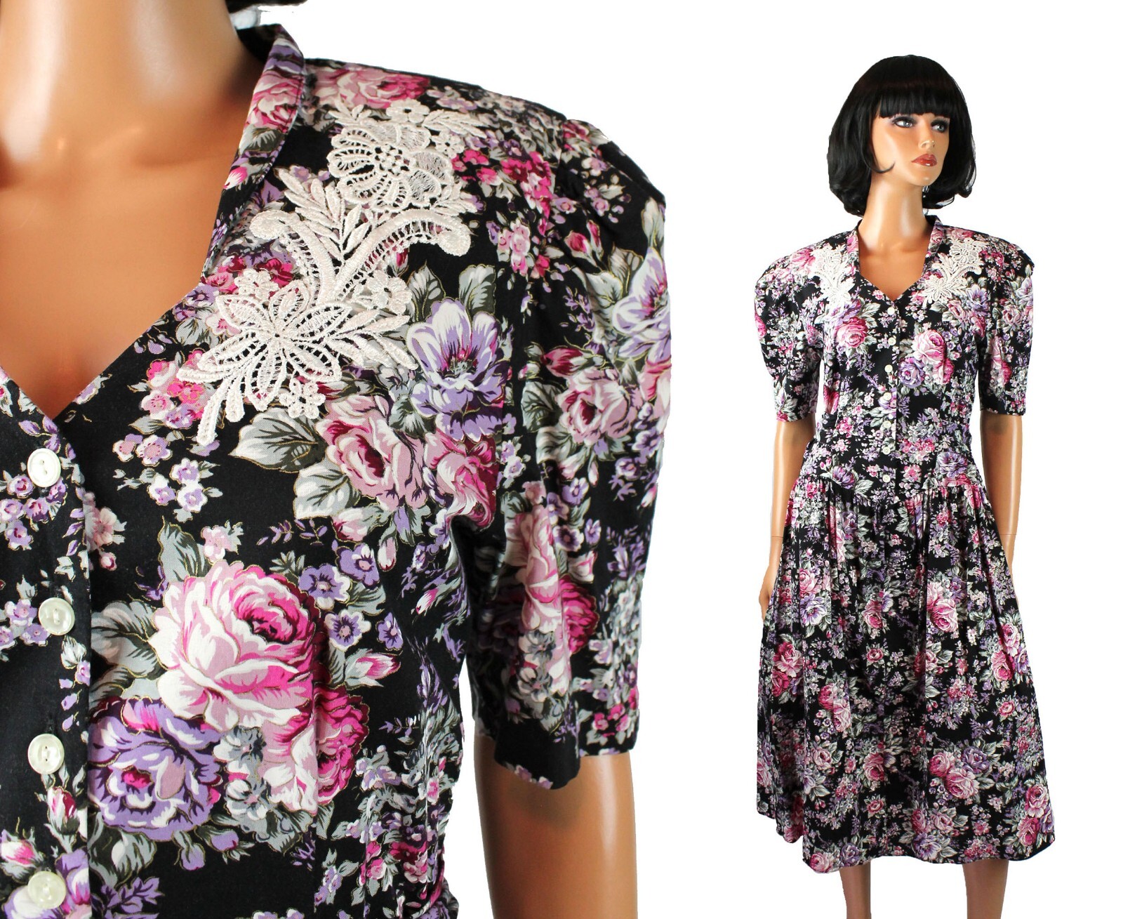 80s Party Dress Sz 11 M Vintage Black Pink Purple Floral Short Sleeve Prom Gown