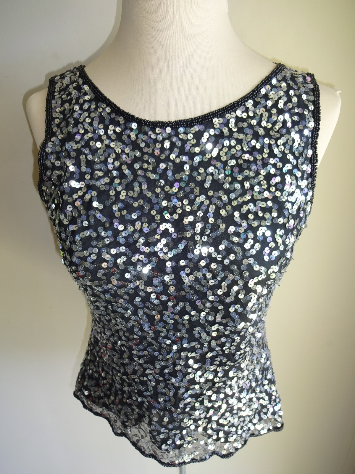 Womens Vintage 1980s 1990s Stenay Black Beaded Sequin Silk Tank Top Shirt M